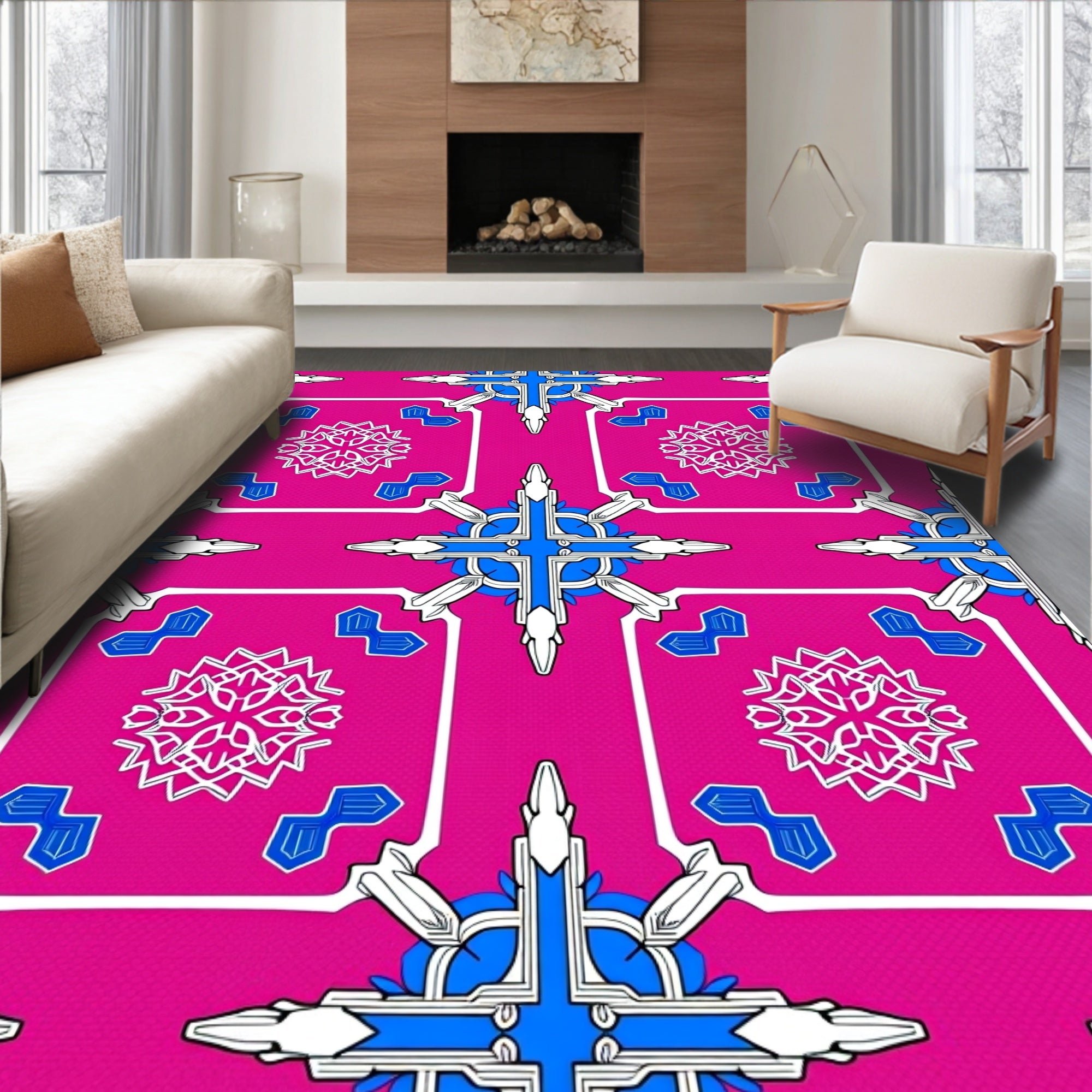 Hot Pink White Blue Geometric Star Rug