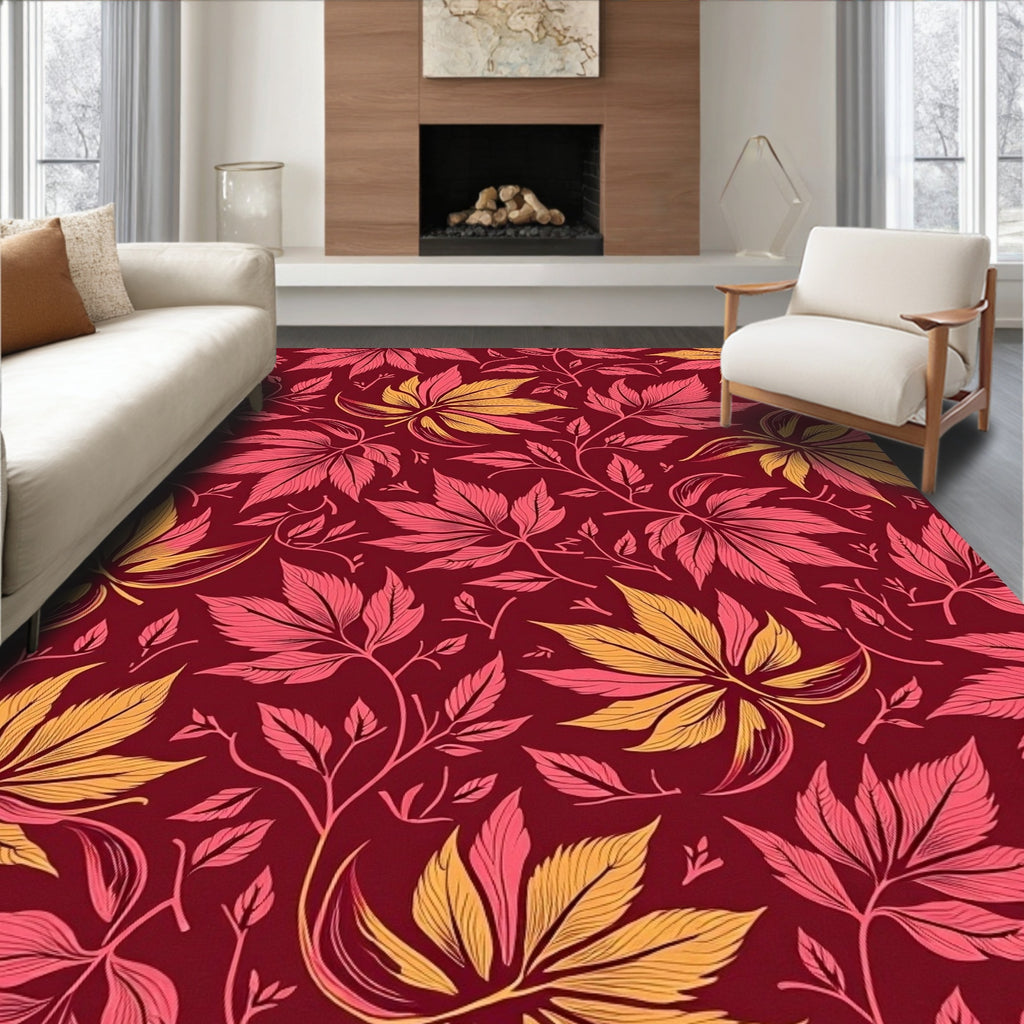 Crimson Vine Leaf Pattern Rug