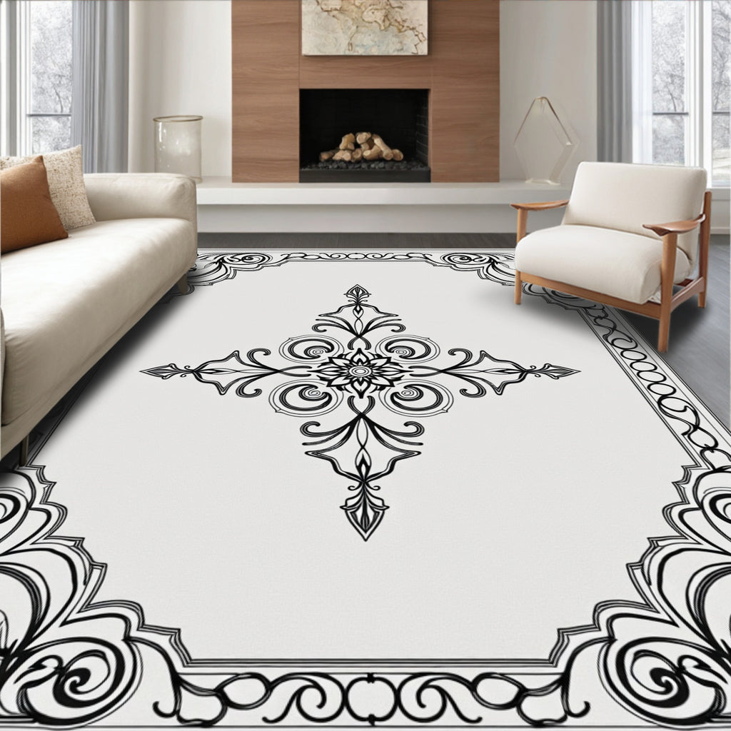 Ornate Black Floral Scrollwork Frame Rug