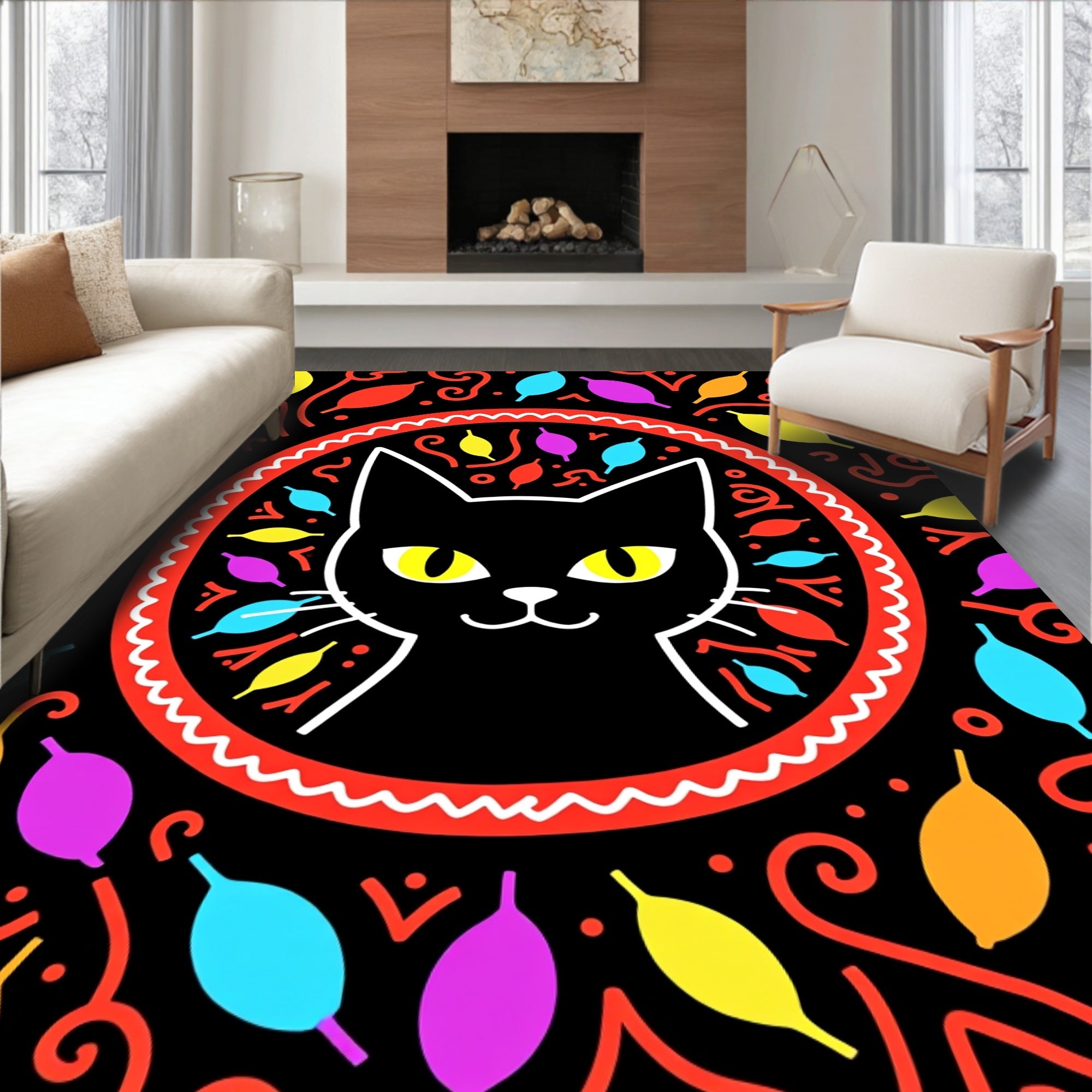 Black Cat Colorful Whimsical Art Rug