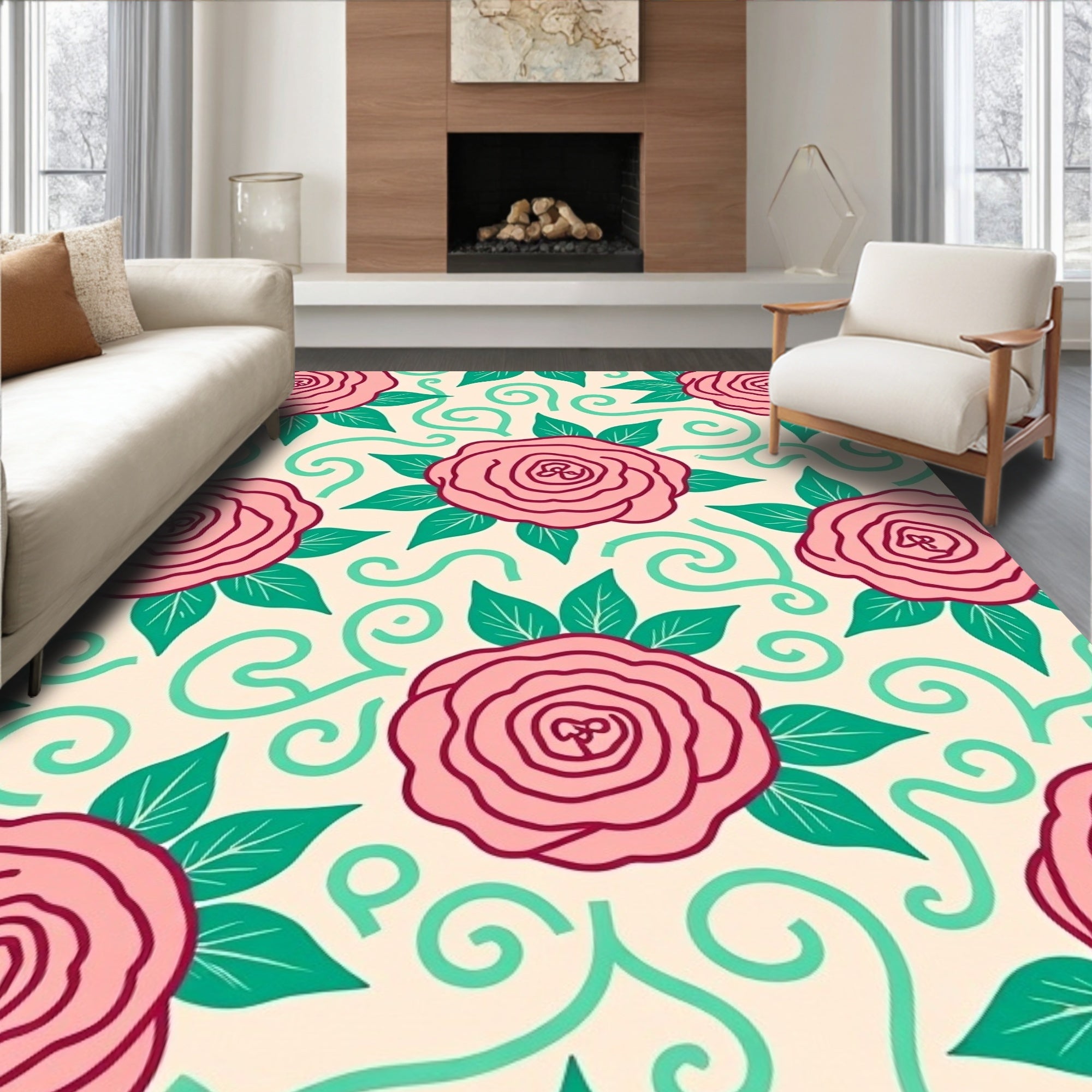 Pink Rose Floral Swirls Pattern Rug