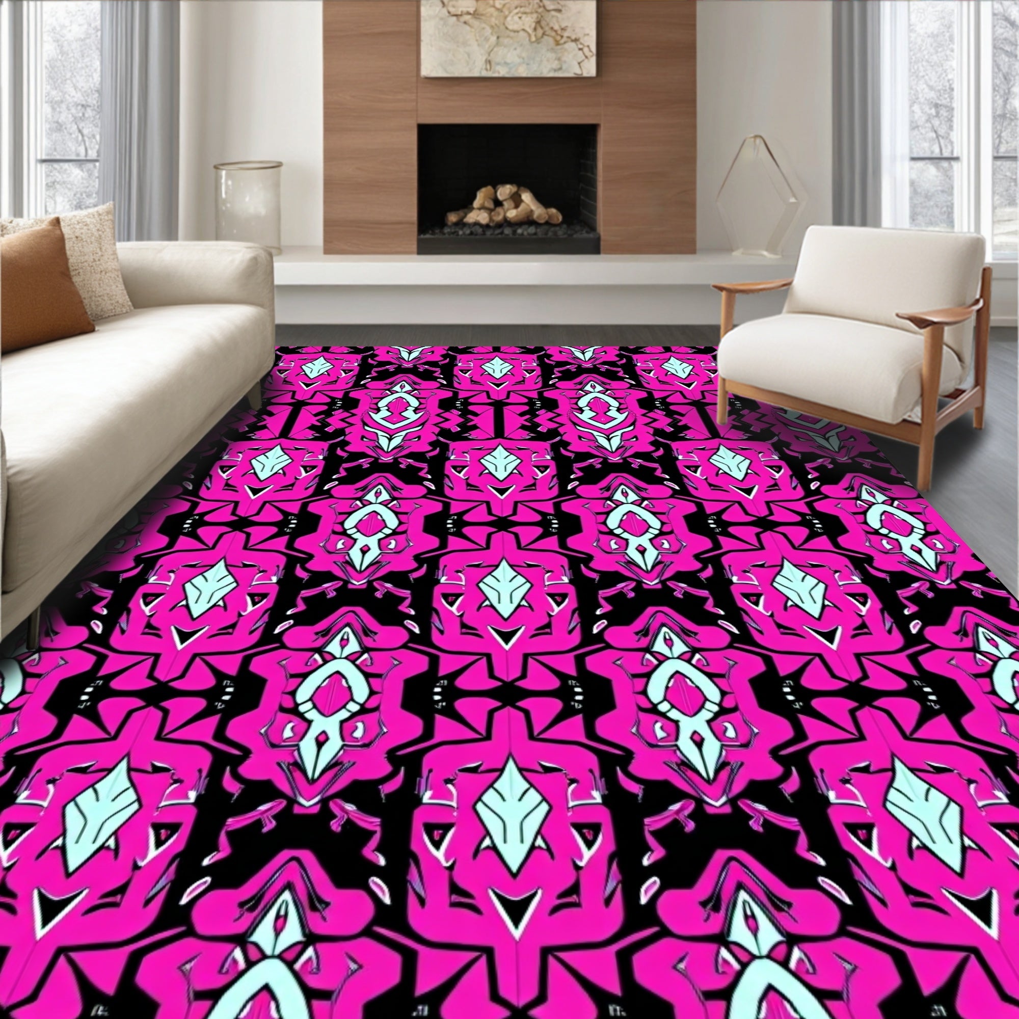 Pink Black Abstract Geometric Pattern Rug