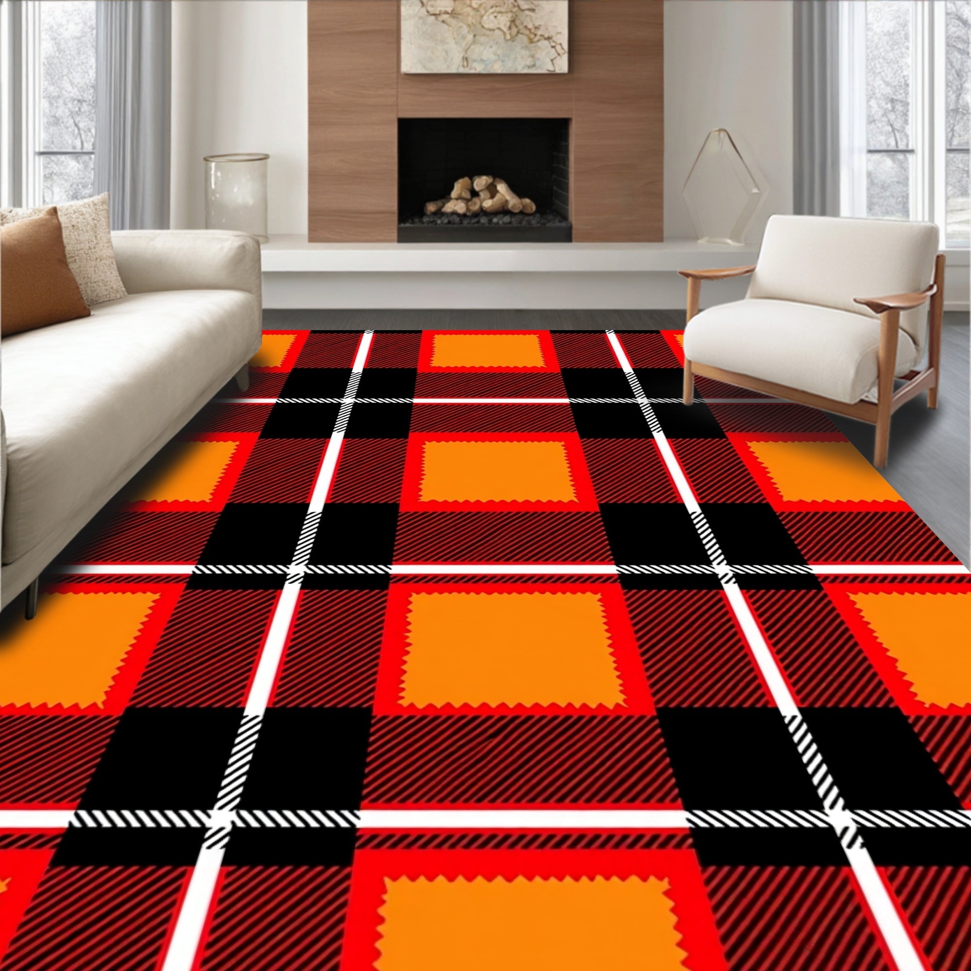 Bold Red Black Orange Plaid Design Rug