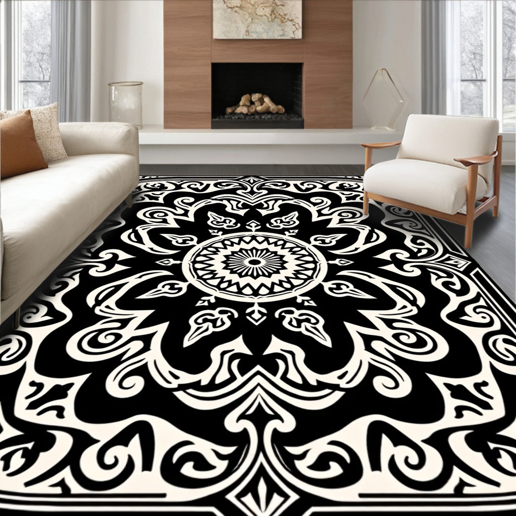Monochromatic Intricate Floral Mandala Pattern Rug