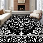 Classic Floral Scrollwork Black White Rug