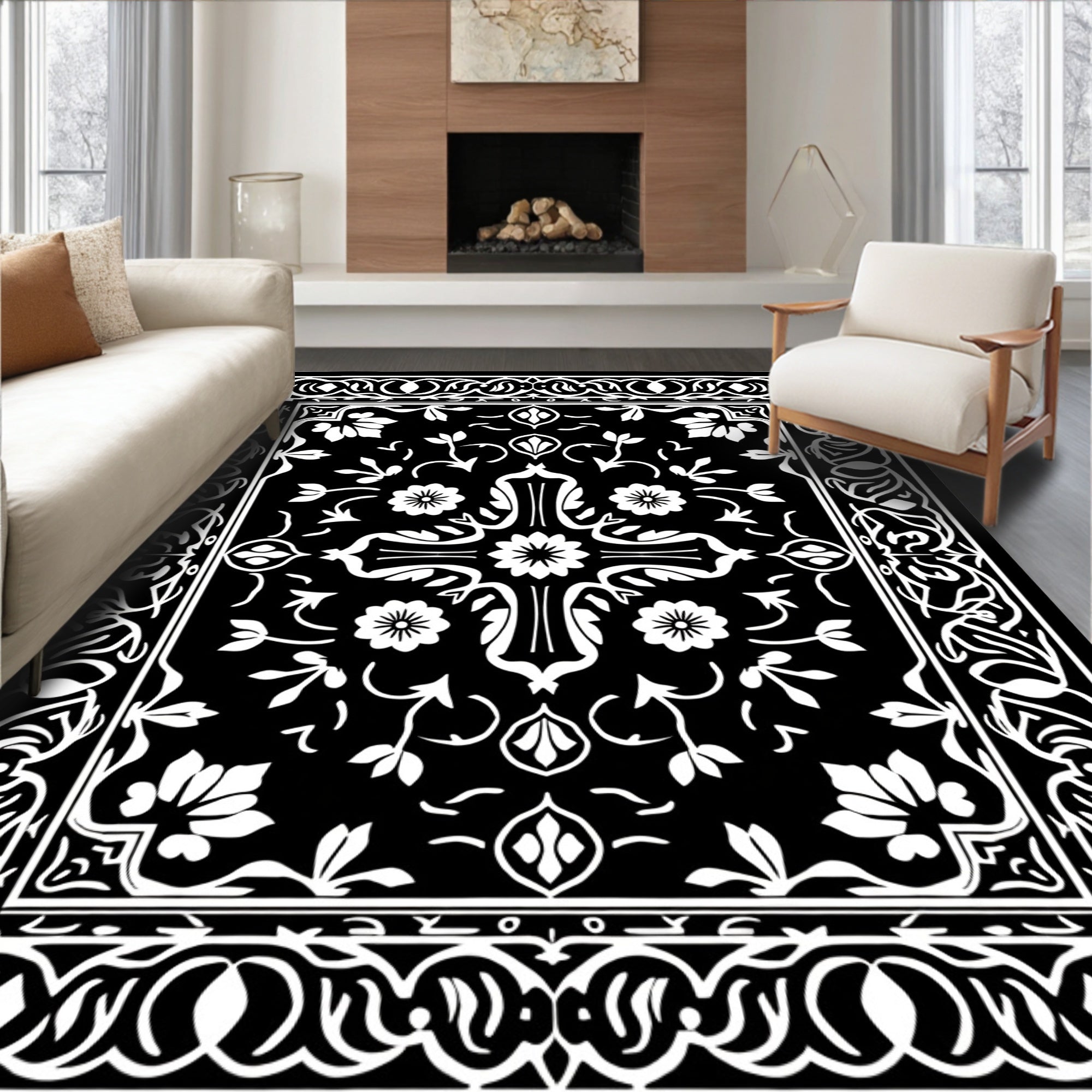 Classic Floral Scrollwork Black White Rug