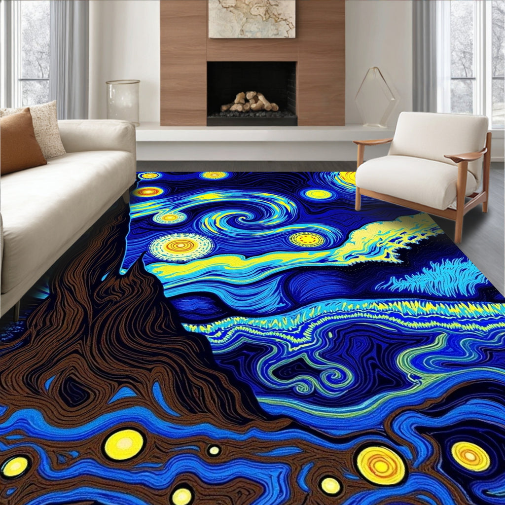 Vibrant Blue Yellow Swirl Night Sky Rug