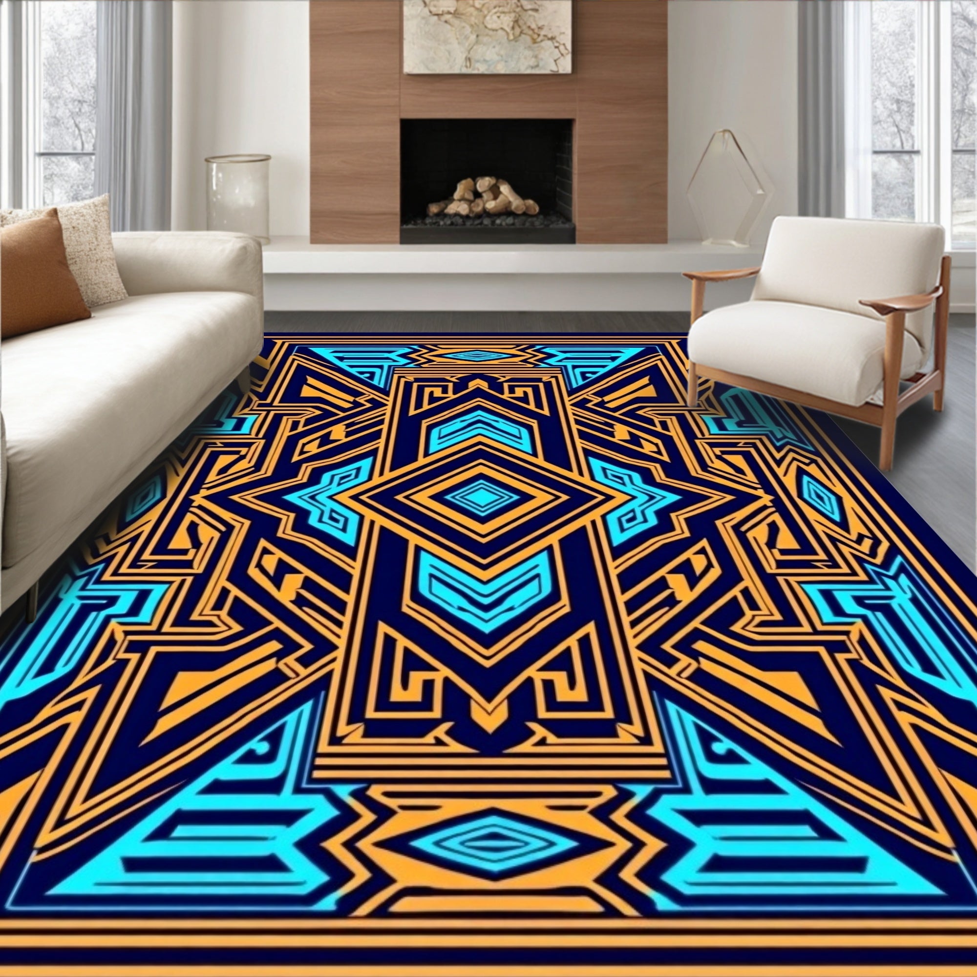 Symmetrical Geometric Lines Blue Orange Pattern Rug
