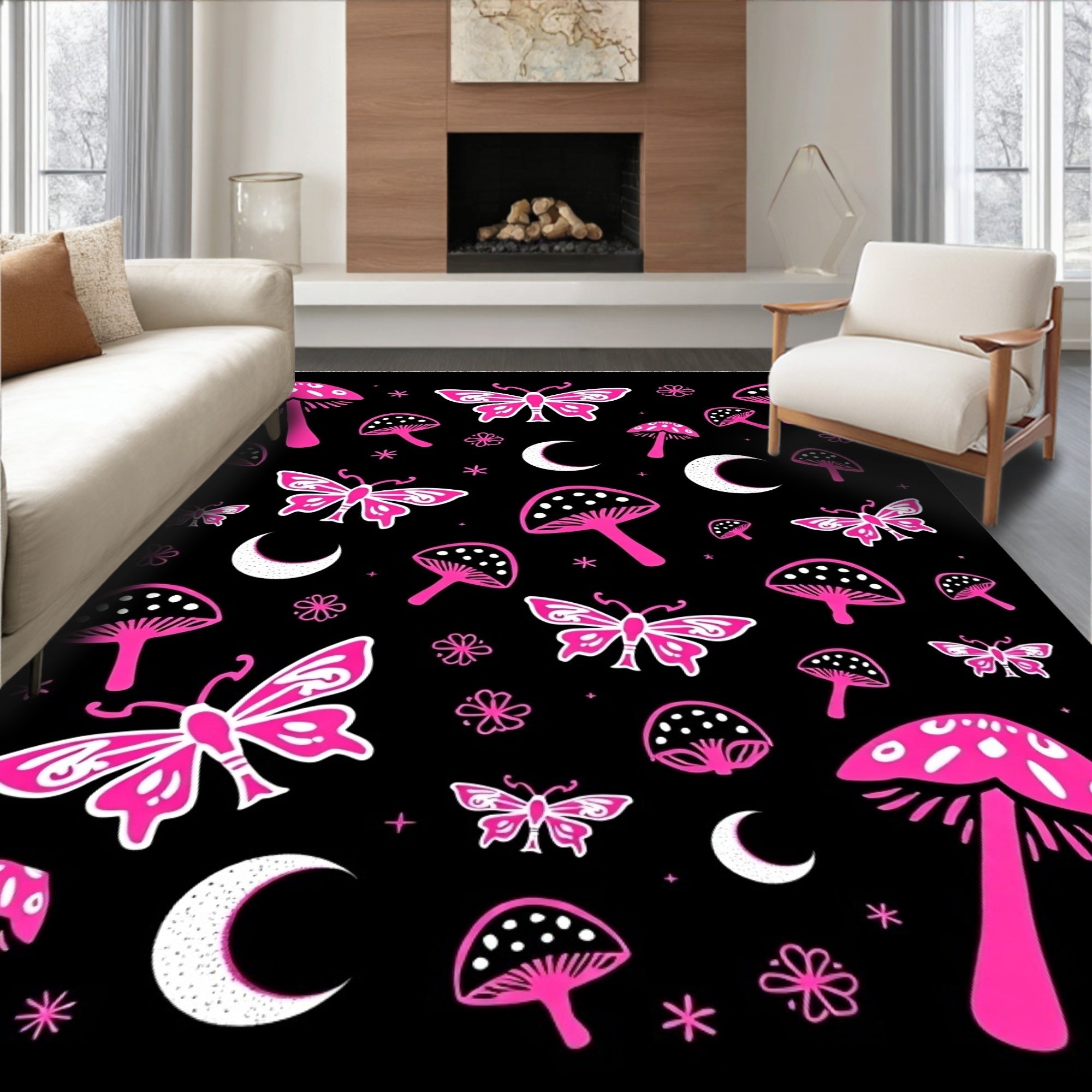 Whimsical Butterfly Mushroom Moon Pattern Rug