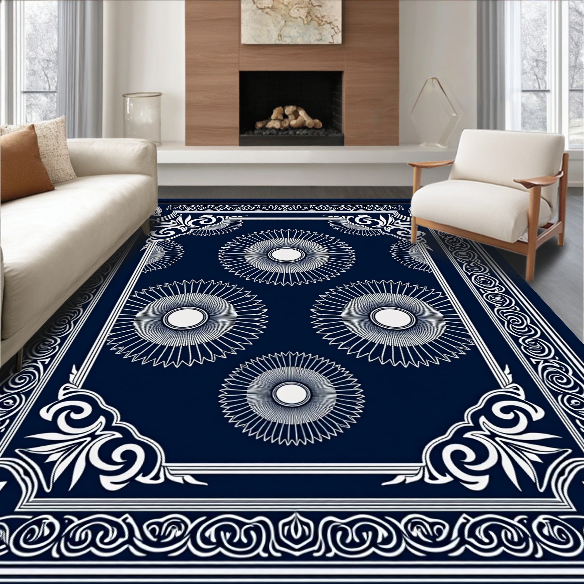 Classic Sunburst Floral Navy Design Rug