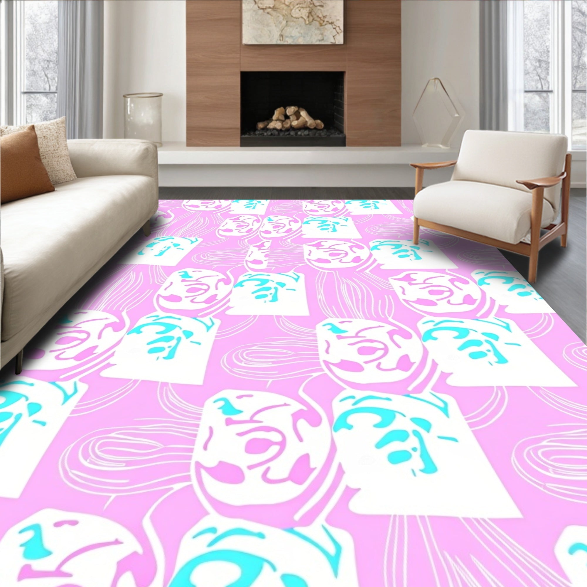 Pink Abstract Swirls Shapes Rug