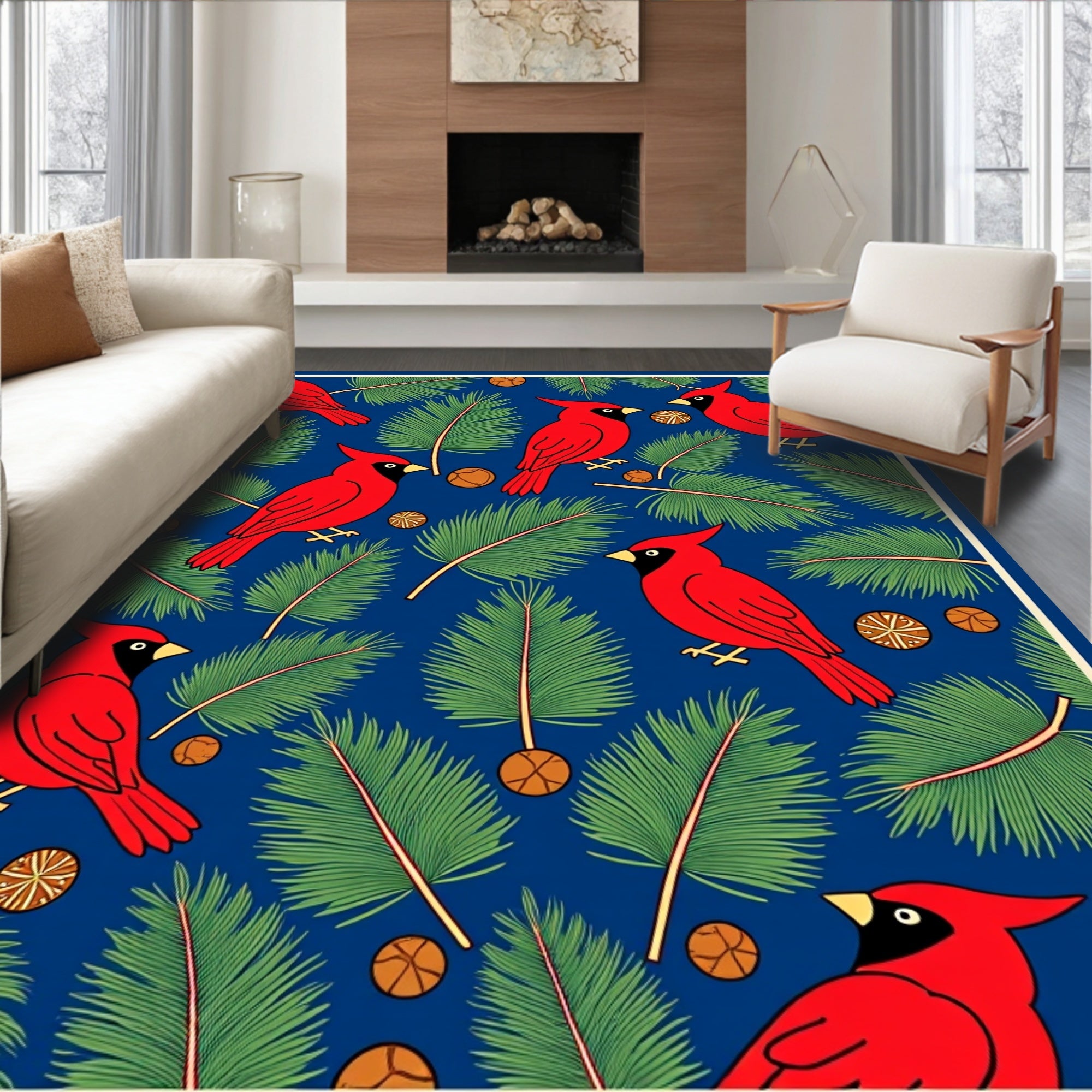 Bright Red Cardinals Pine Sprigs Pattern Rug