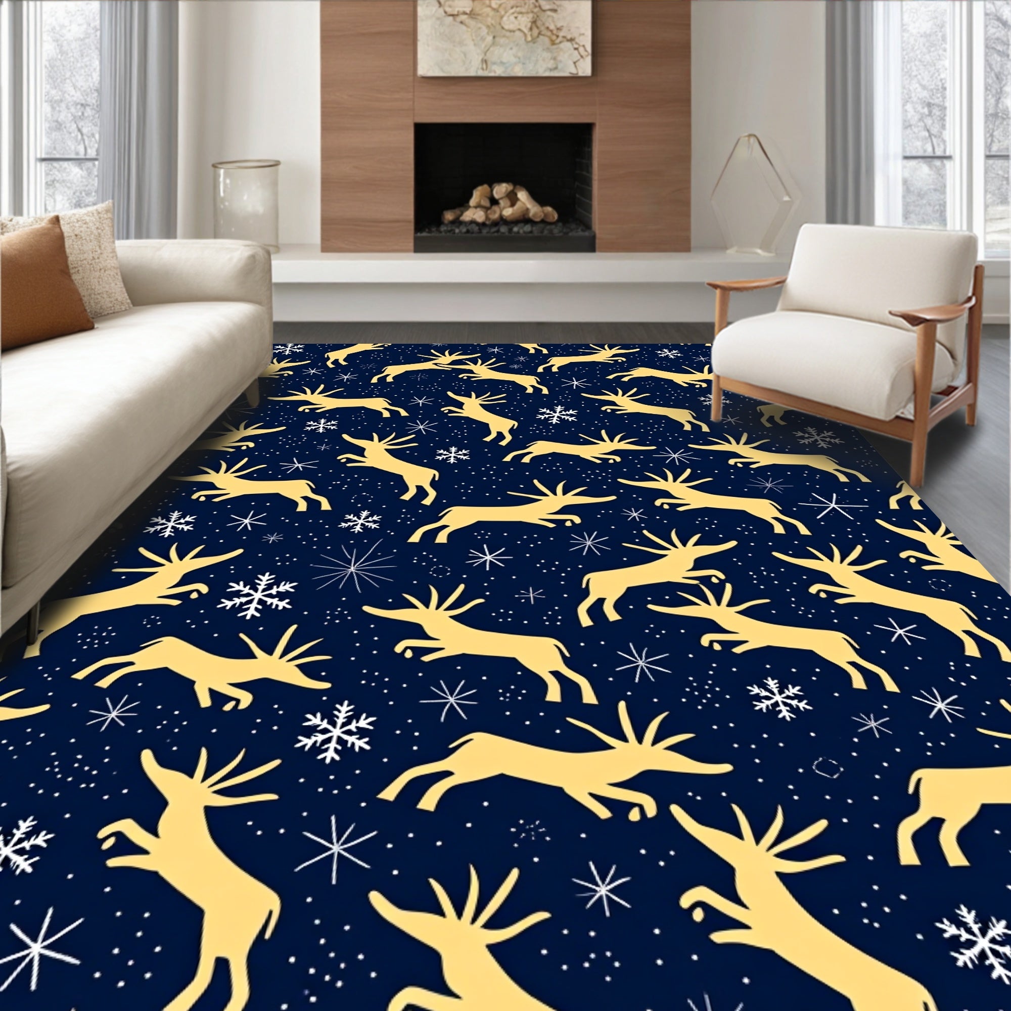 Golden Deer and Snowflakes Navy Background Rug