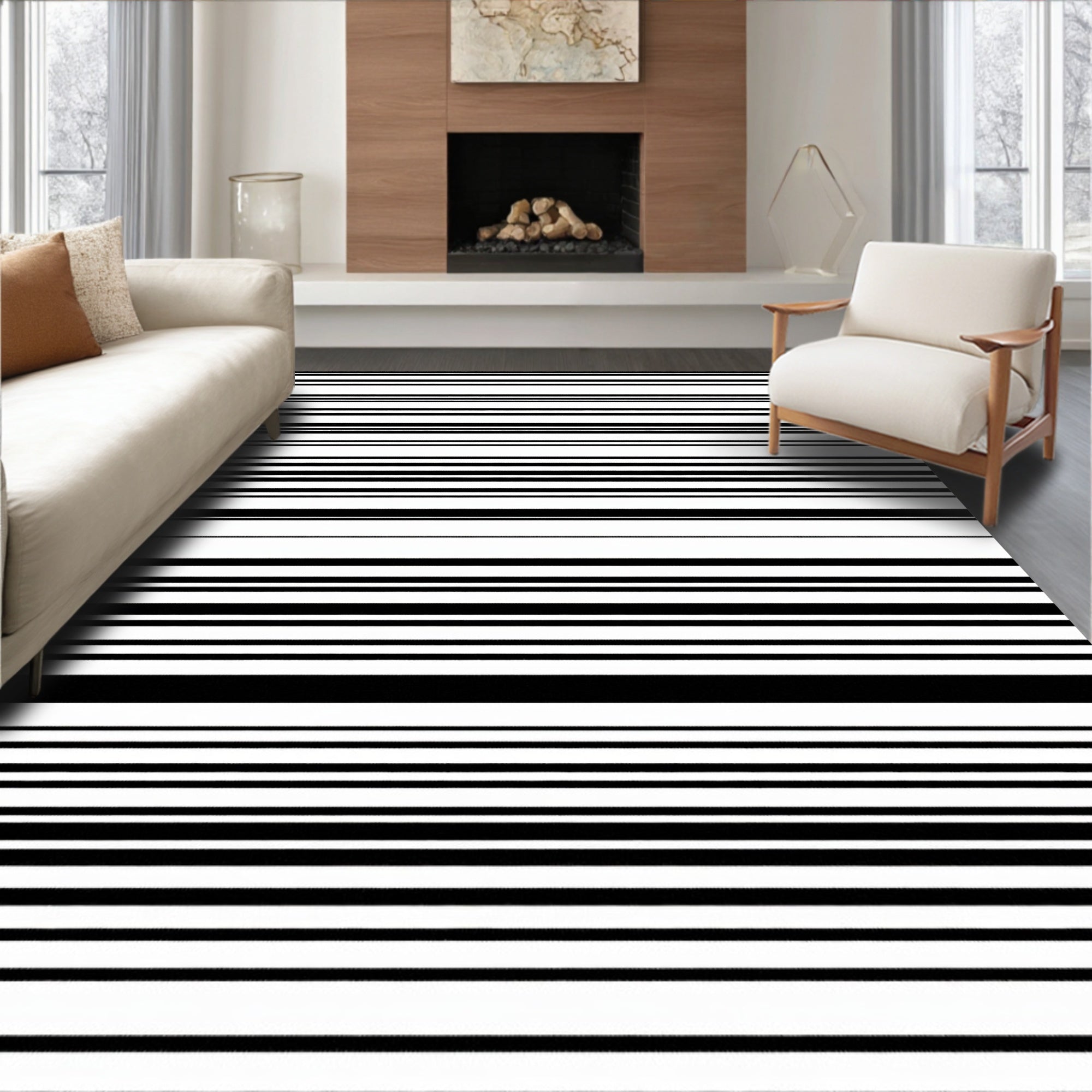 Modern Black White Stripe Pattern Rug