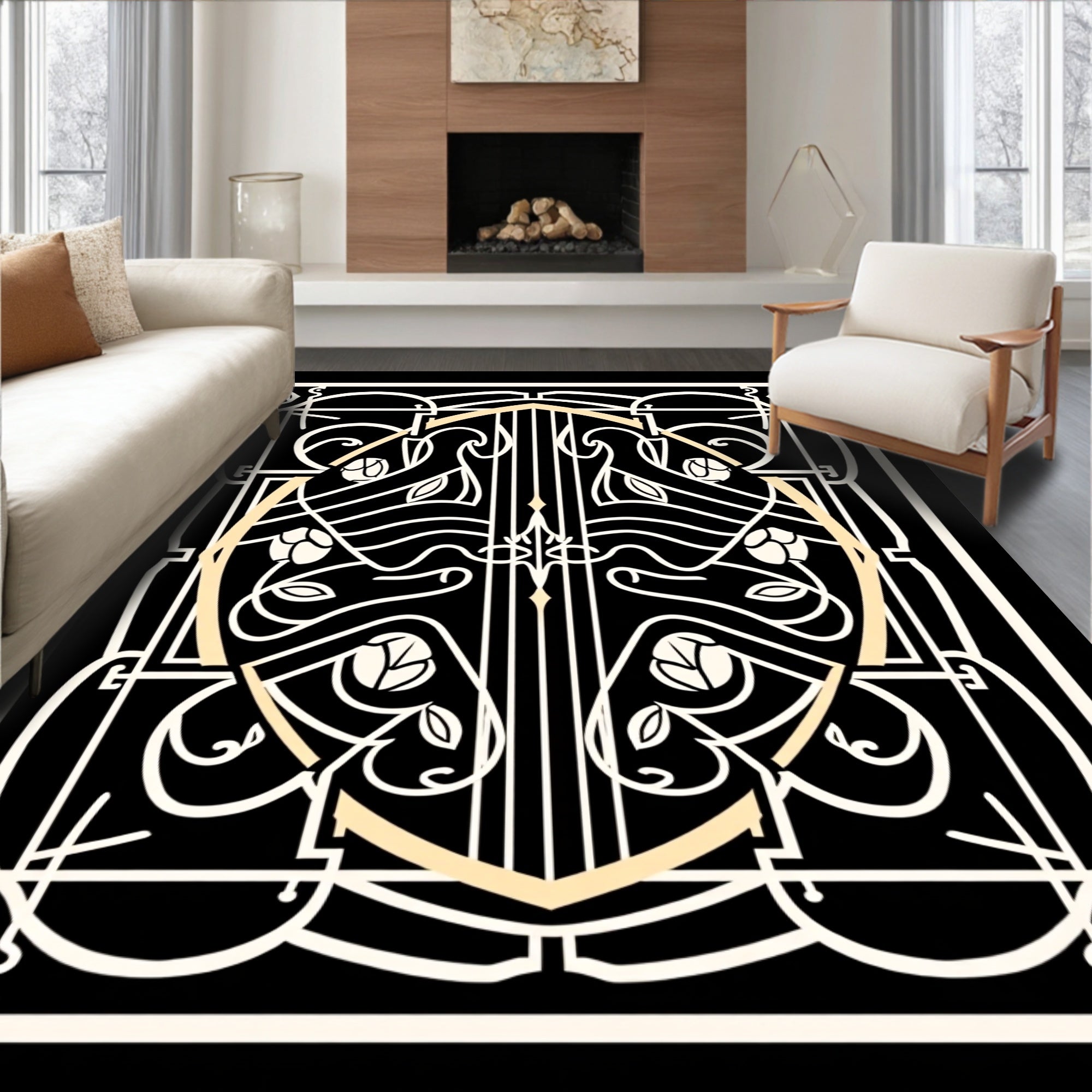 Art Nouveau Cream Floral Oval Composition Rug