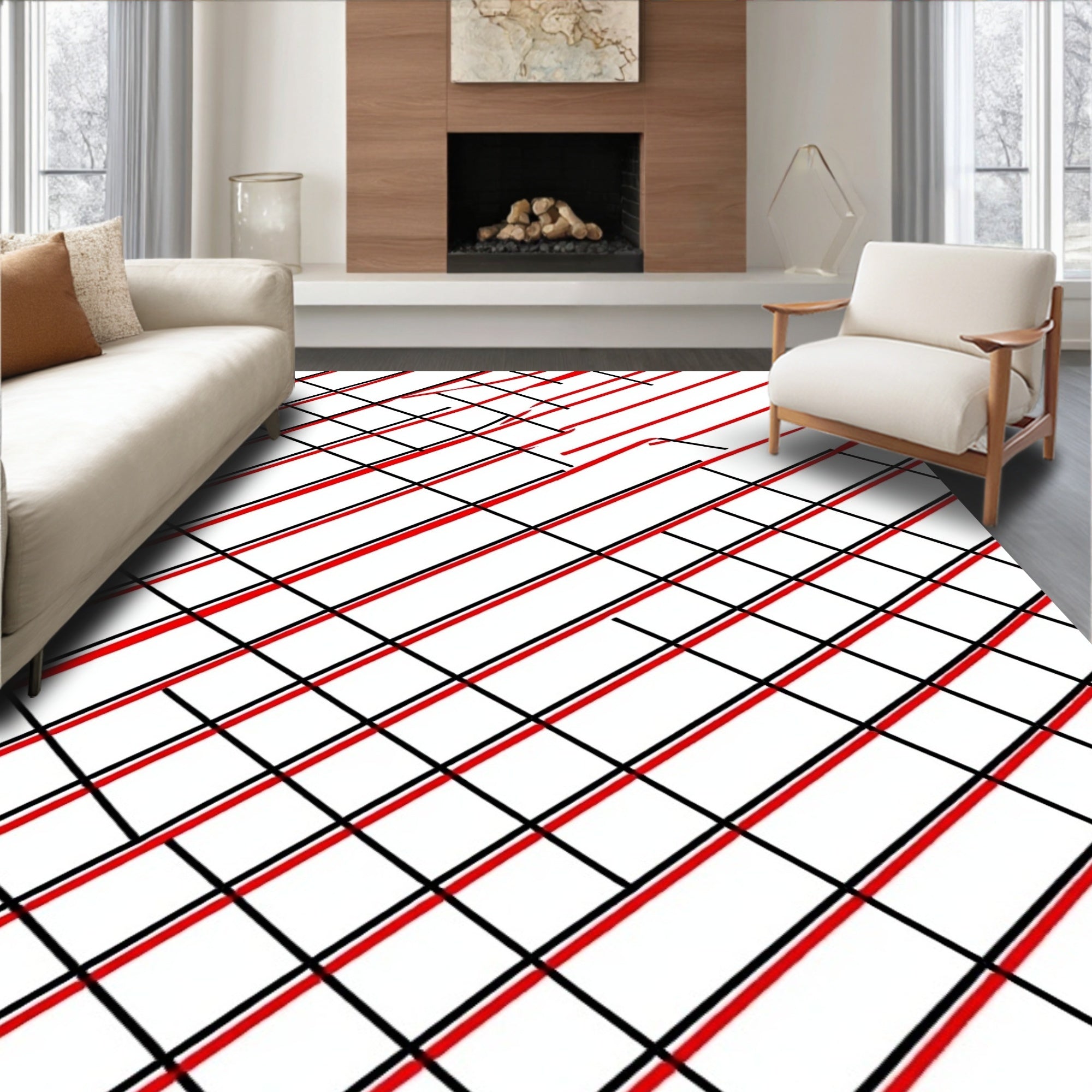 Bold Red And Black Grid Pattern Rug