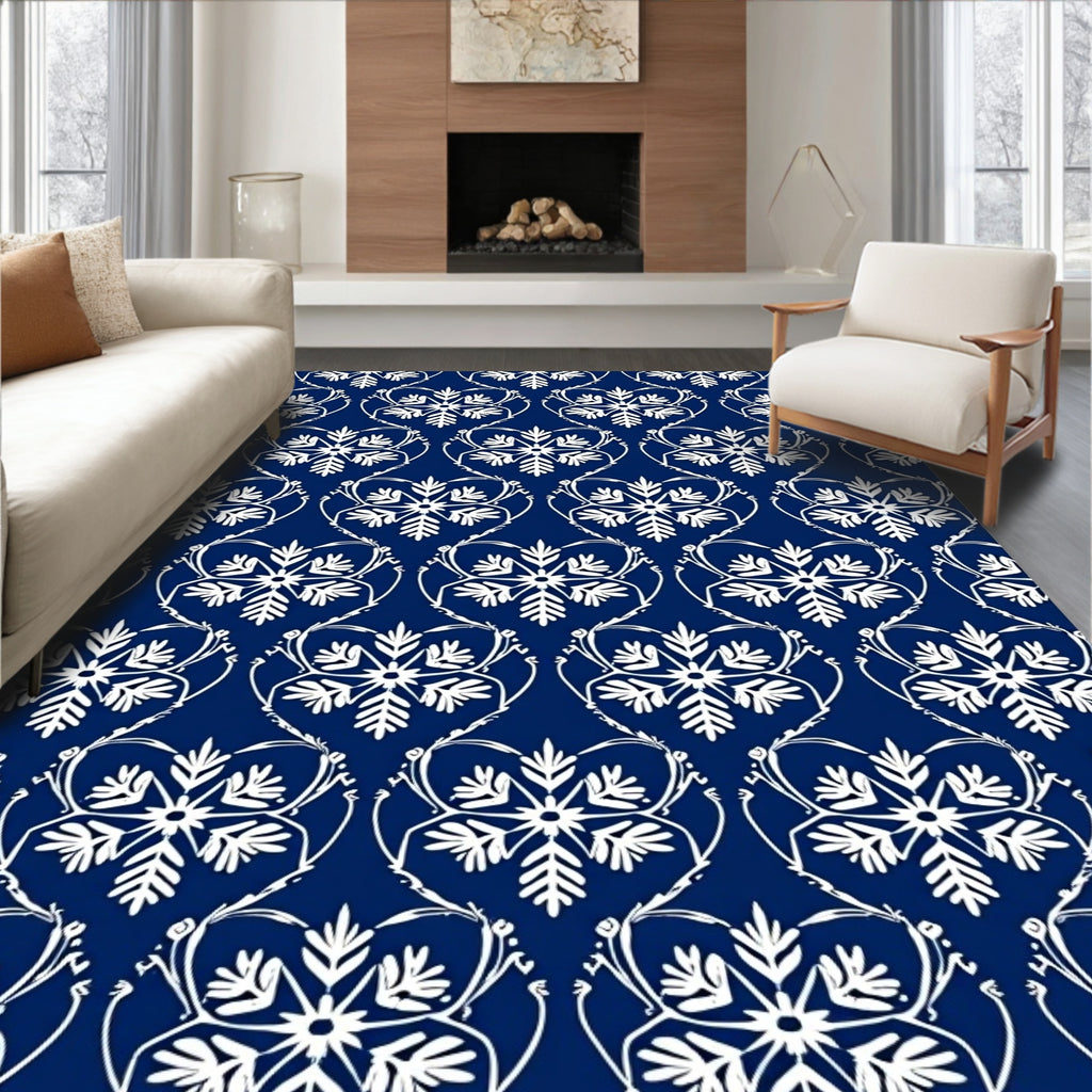 Deep Blue White Snowflake Damask Medallion Rug