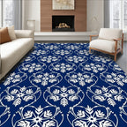 Deep Blue White Snowflake Damask Medallion Rug