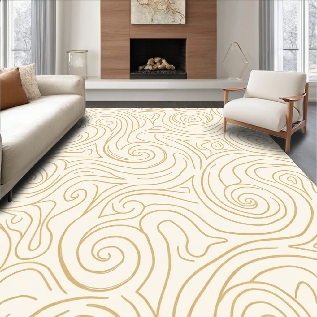 Cream Gold Swirl Abstract Pattern Rug