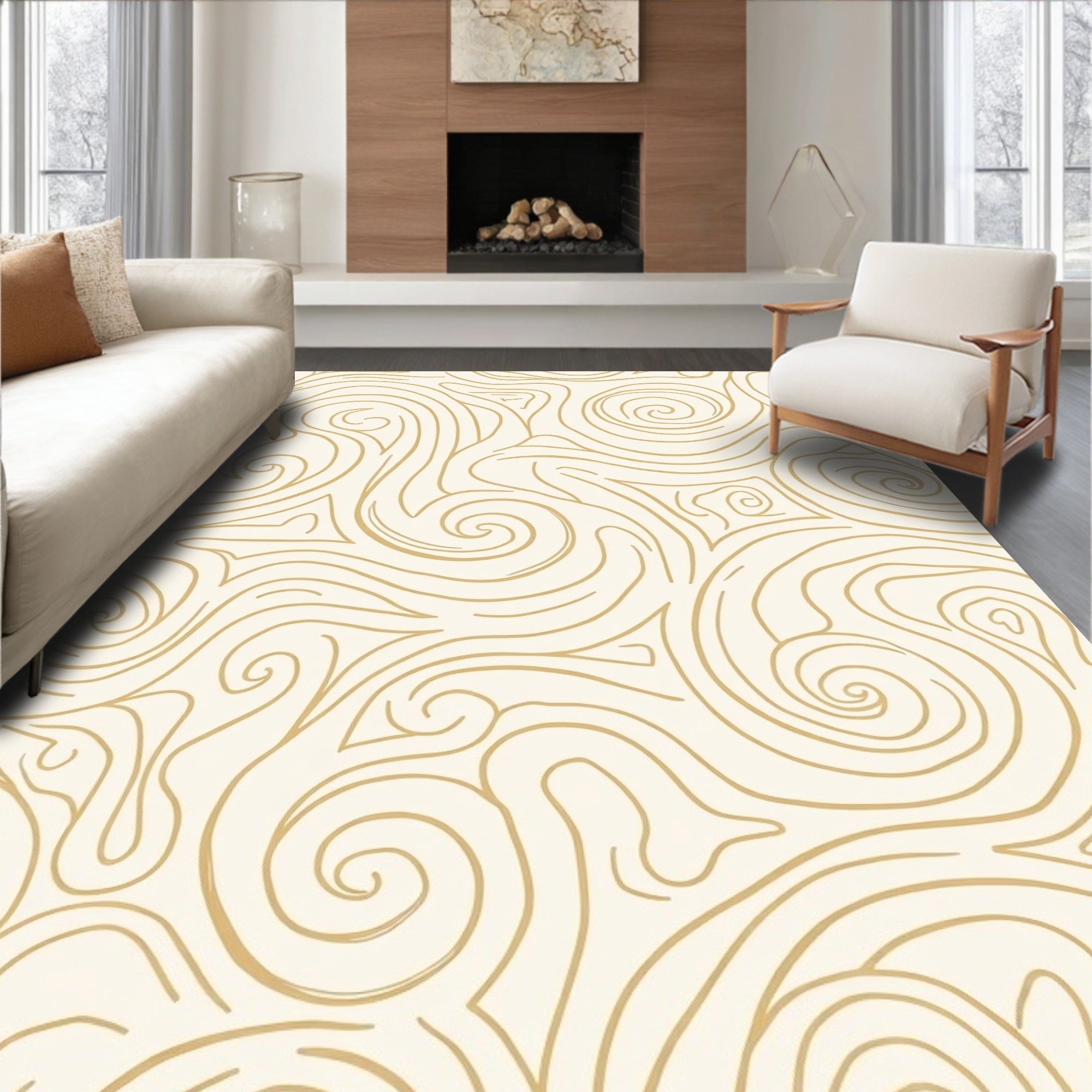 Cream Gold Swirl Abstract Pattern Rug