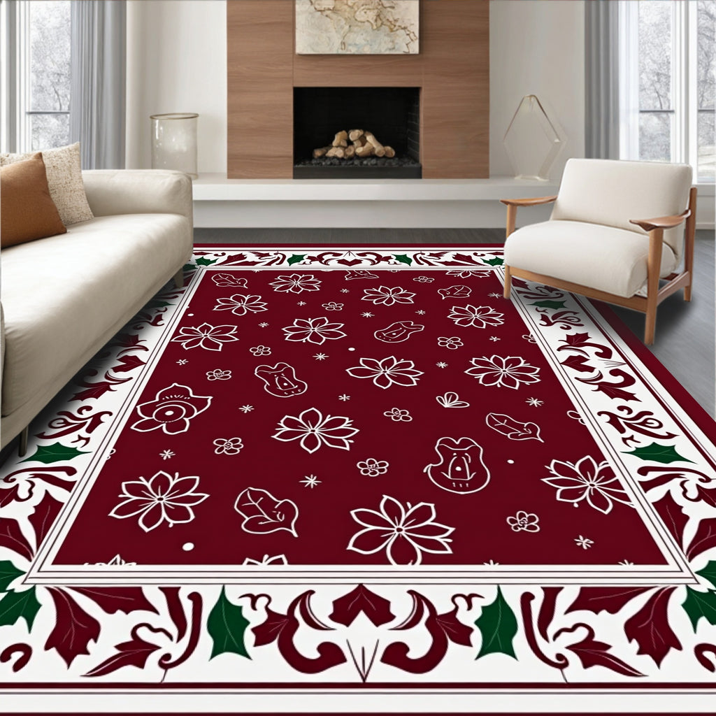 Whimsical Floral Patterned Border Design Rug