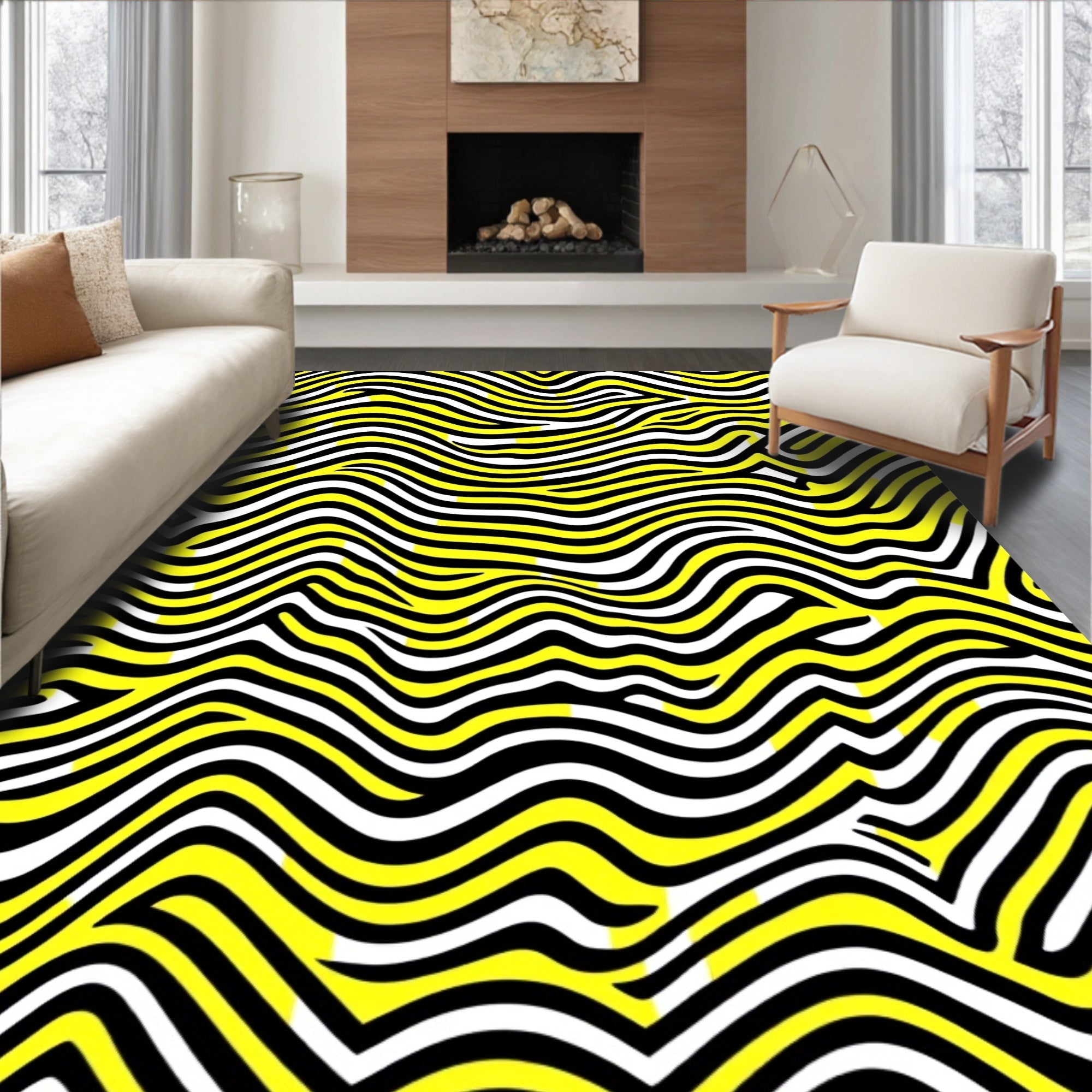 Bold Yellow Black Abstract Waves Rug