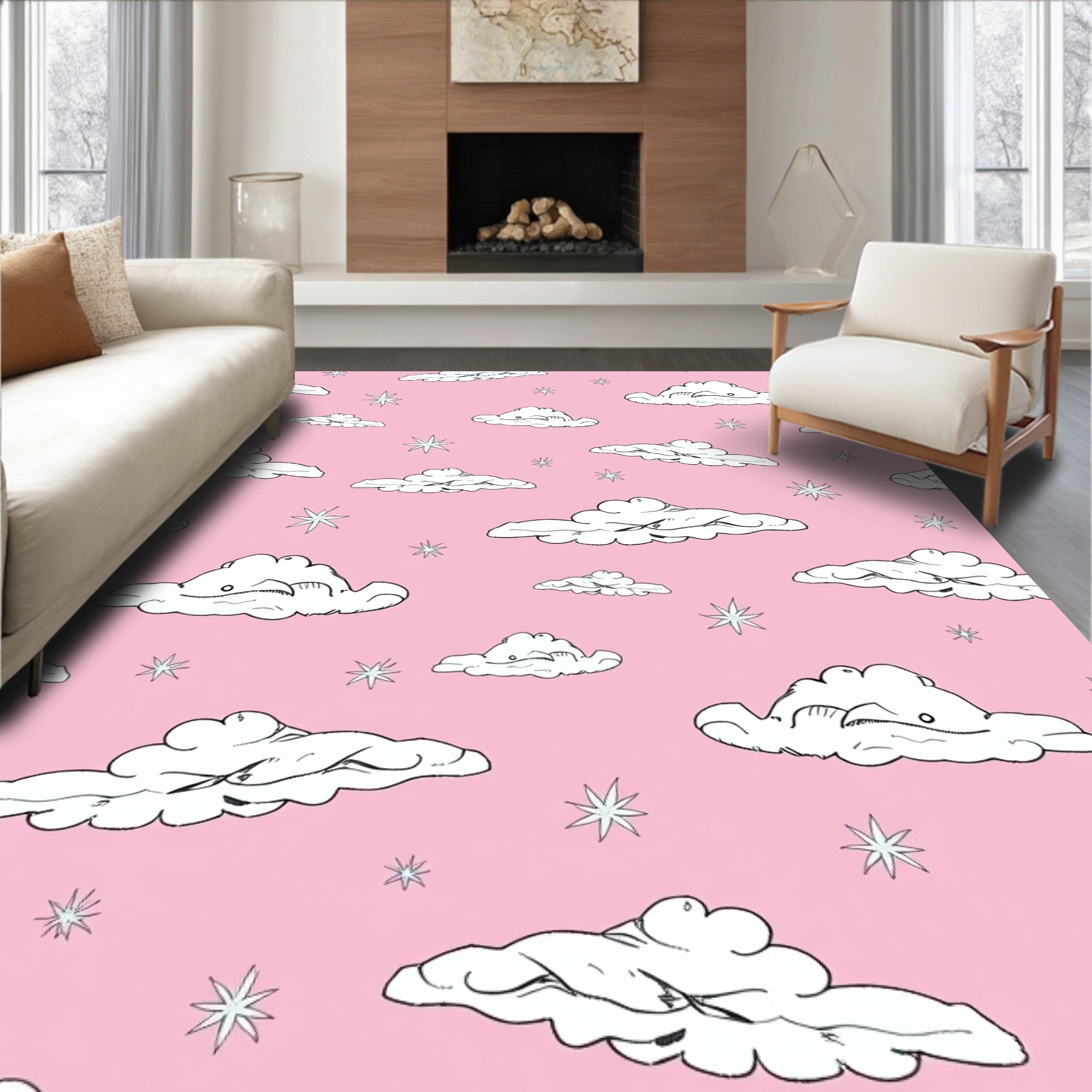 Pink Sky Clouds and Stars Rug