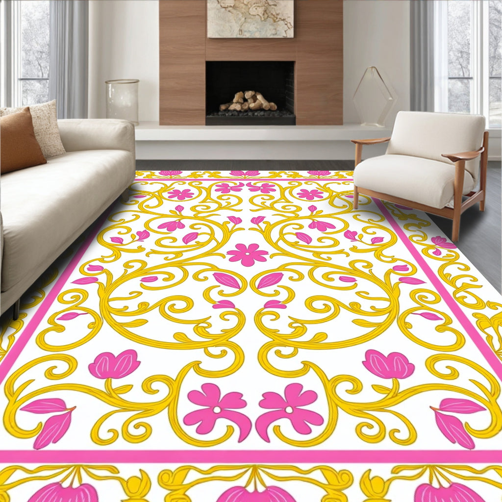 Pink Gold Floral Swirl Pattern Rug