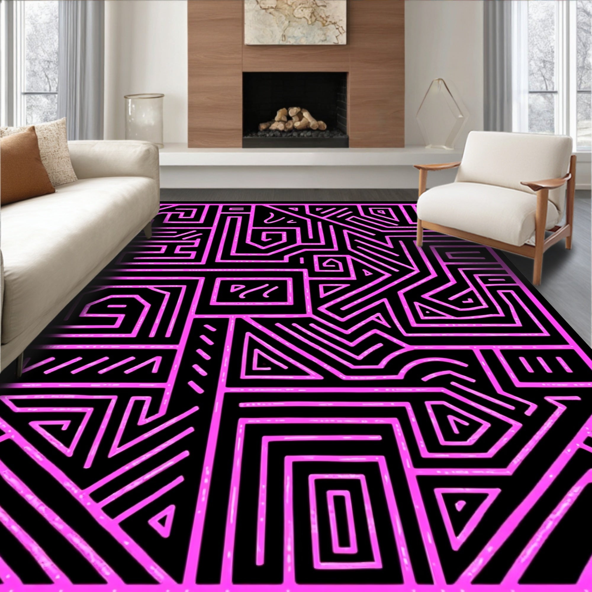 Bold Pink Maze Geometric Design Rug