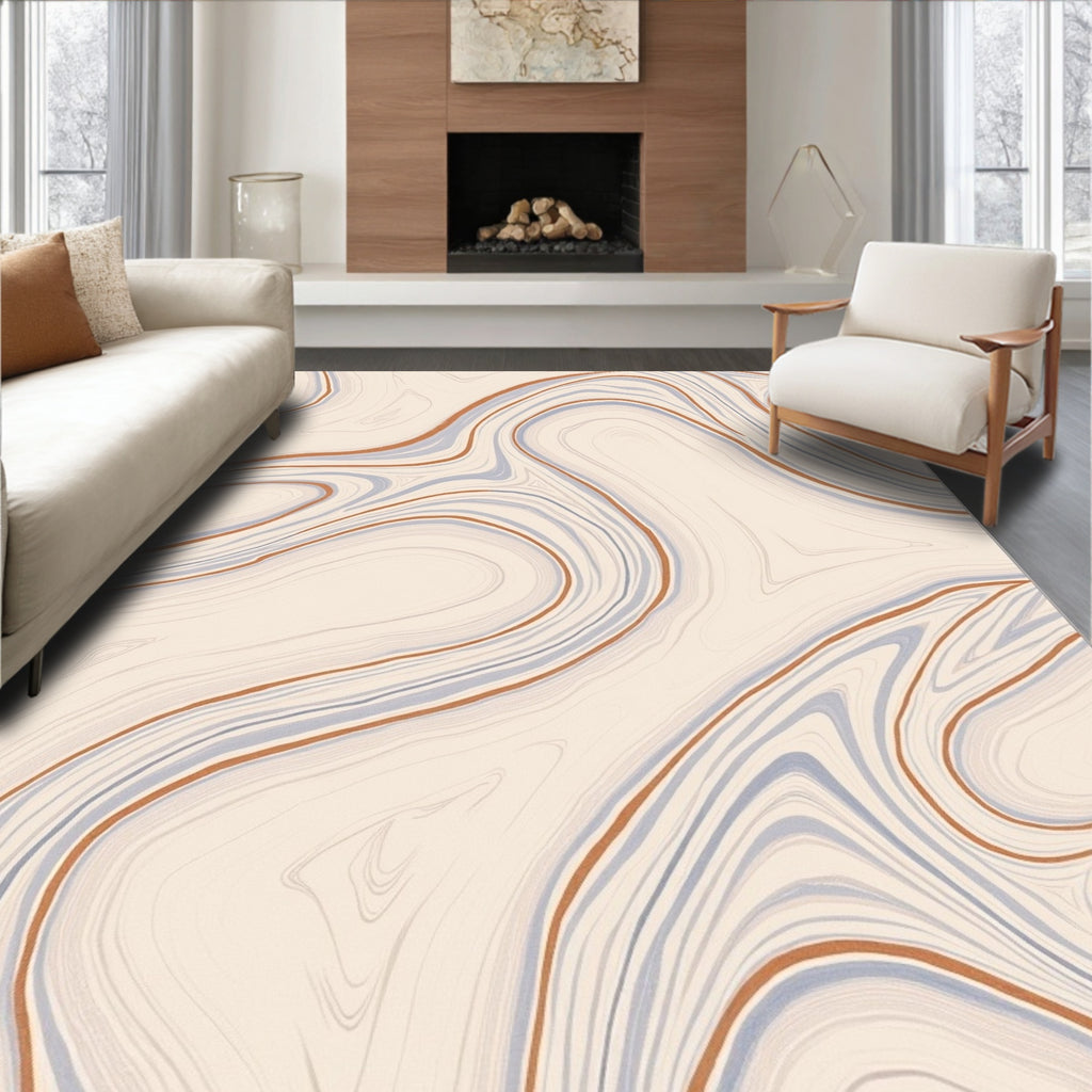 Abstract Swirls Ochre Blue Pattern Rug
