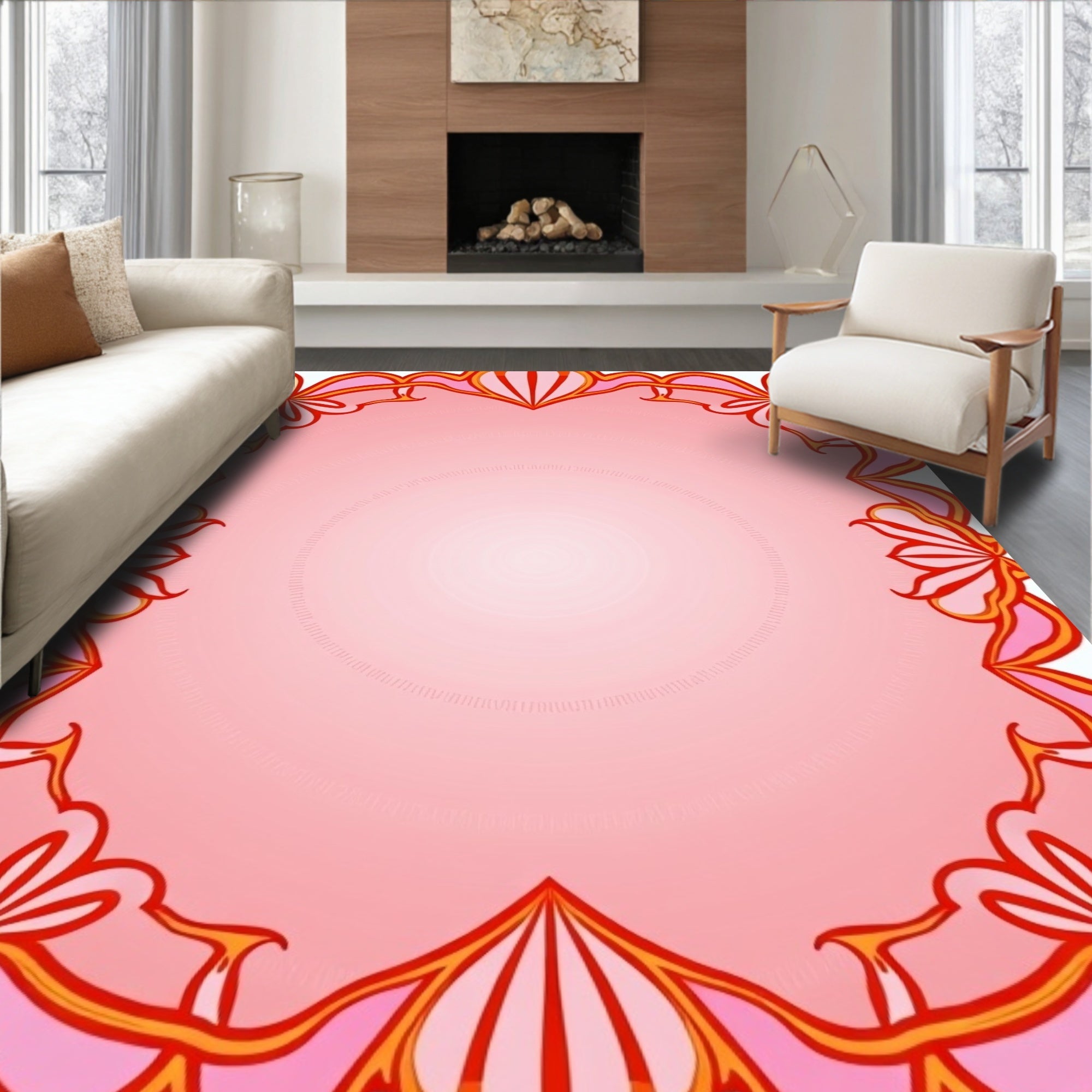 Vibrant Floral Swirls Pink Border Rug