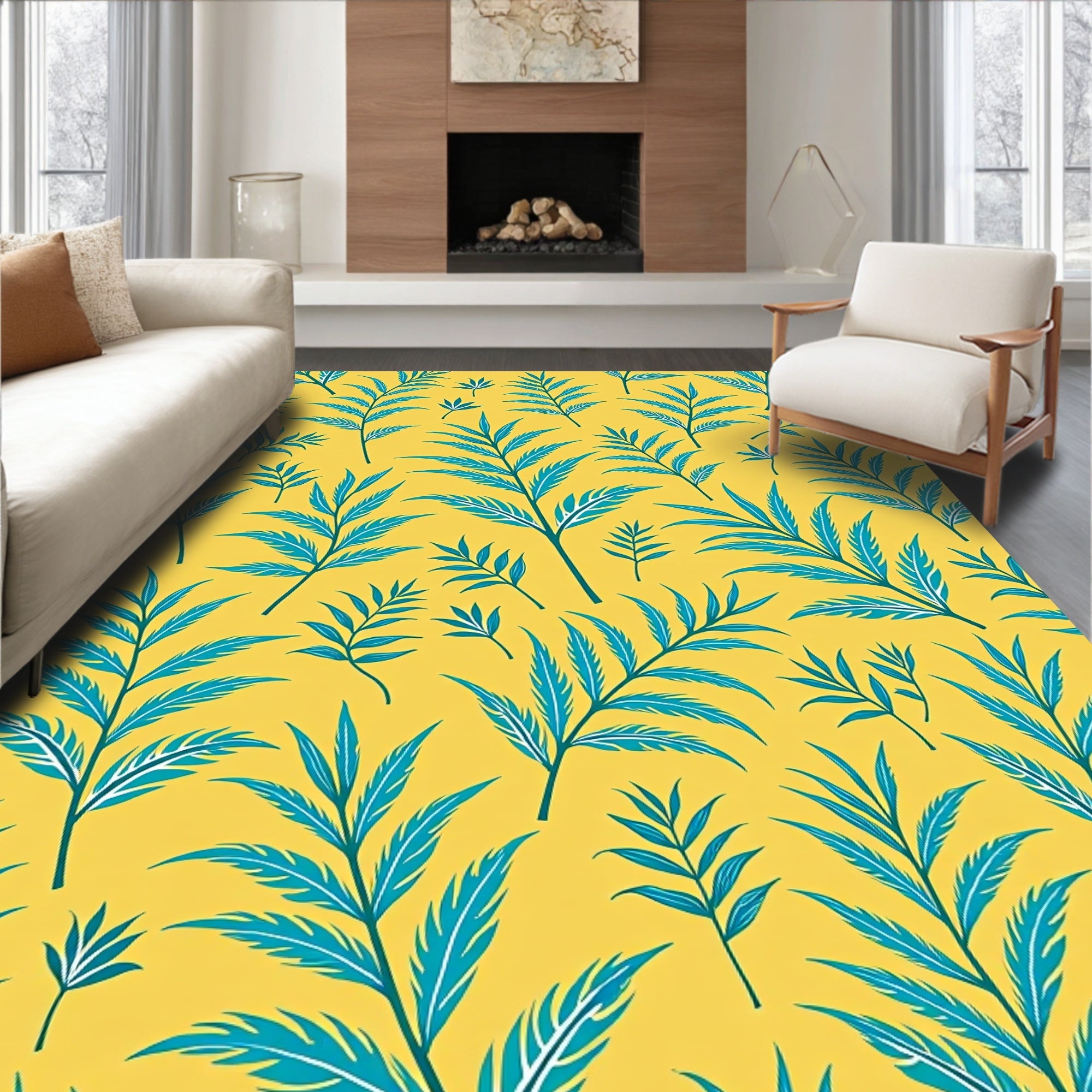 Tropic Leaf Pattern Yellow Background Rug