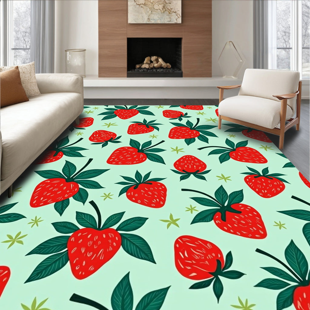 Red Strawberry Pattern With Green Leaves Rug