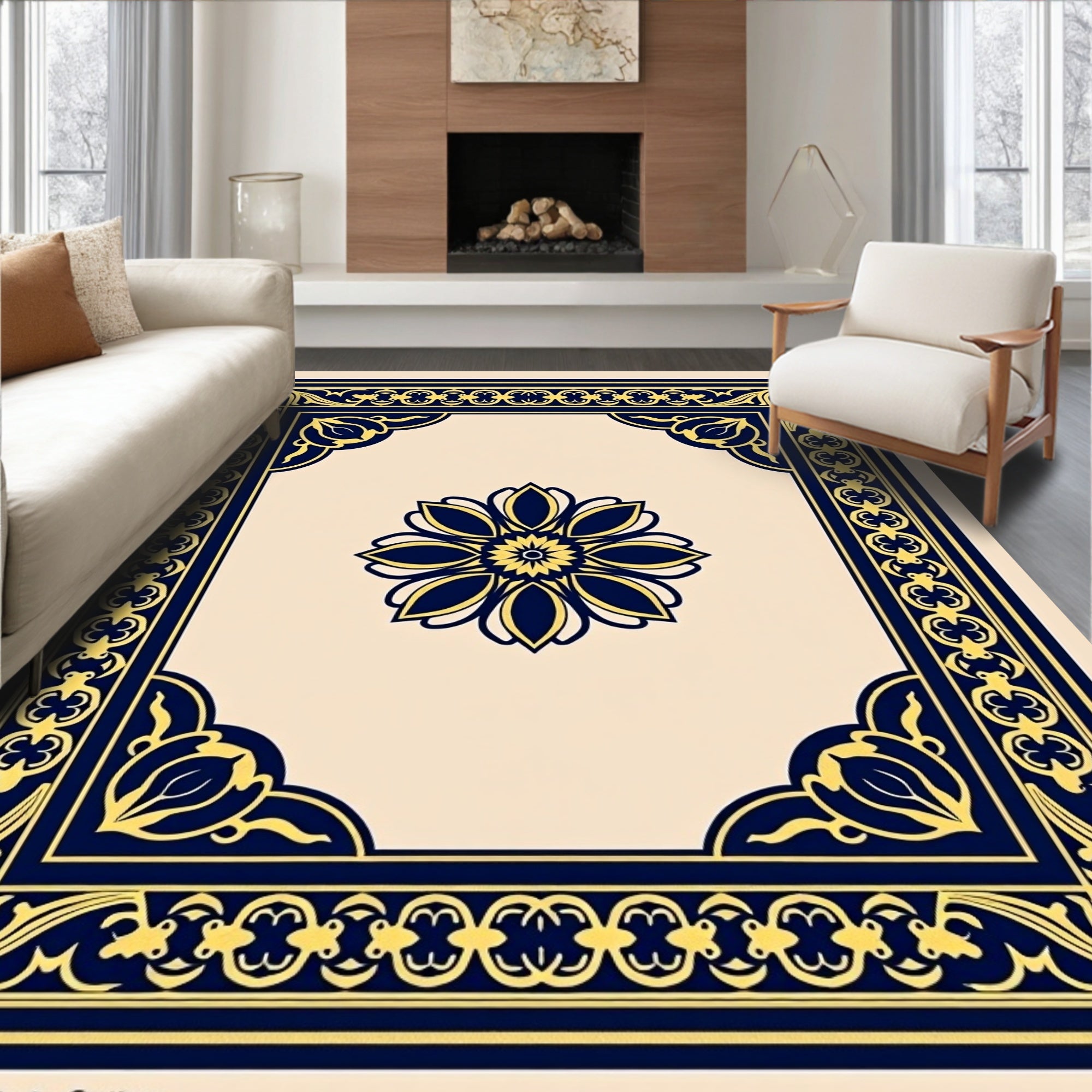 Ornate Floral Border Medallion Design Rug