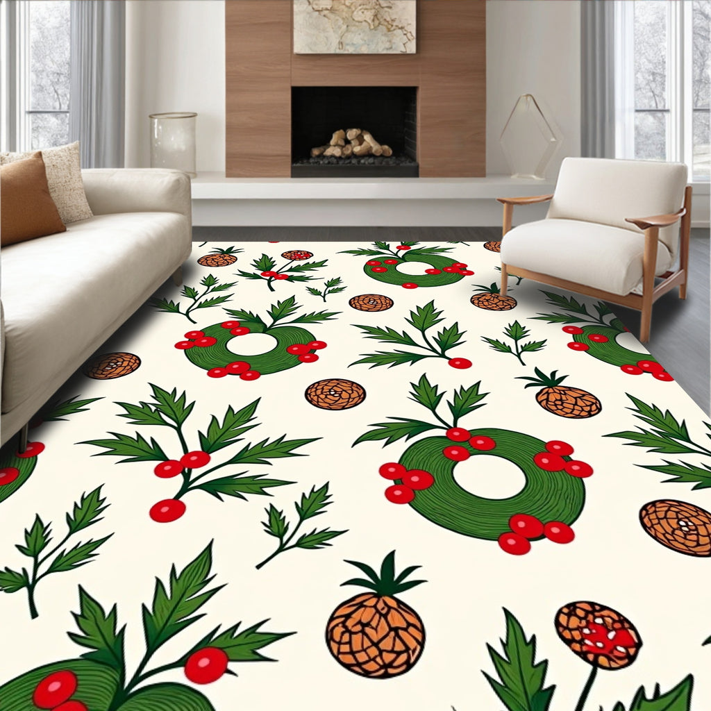 Green Holly Wreaths with Berries Pattern Rug