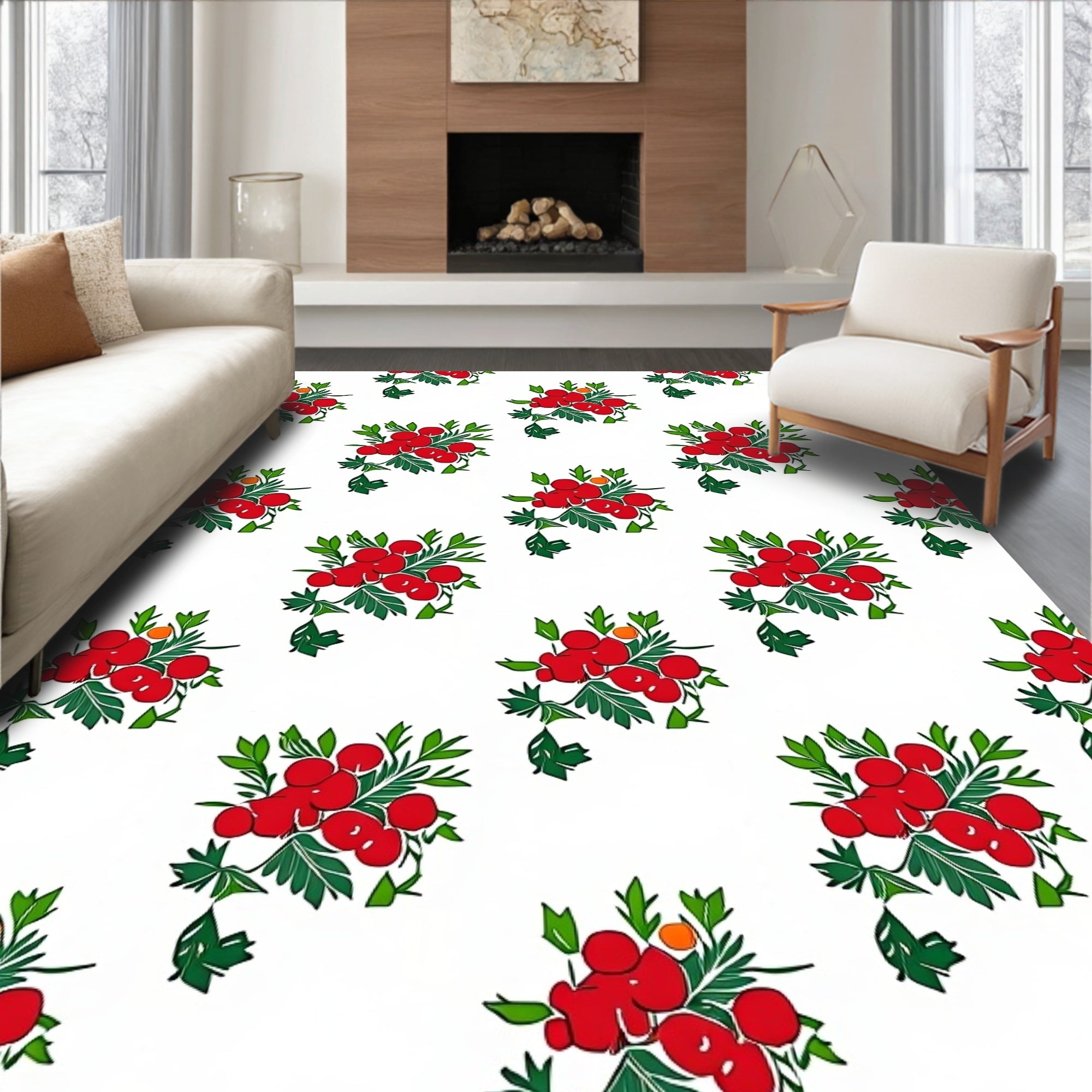Red Berry And Green Leaf Pattern Rug