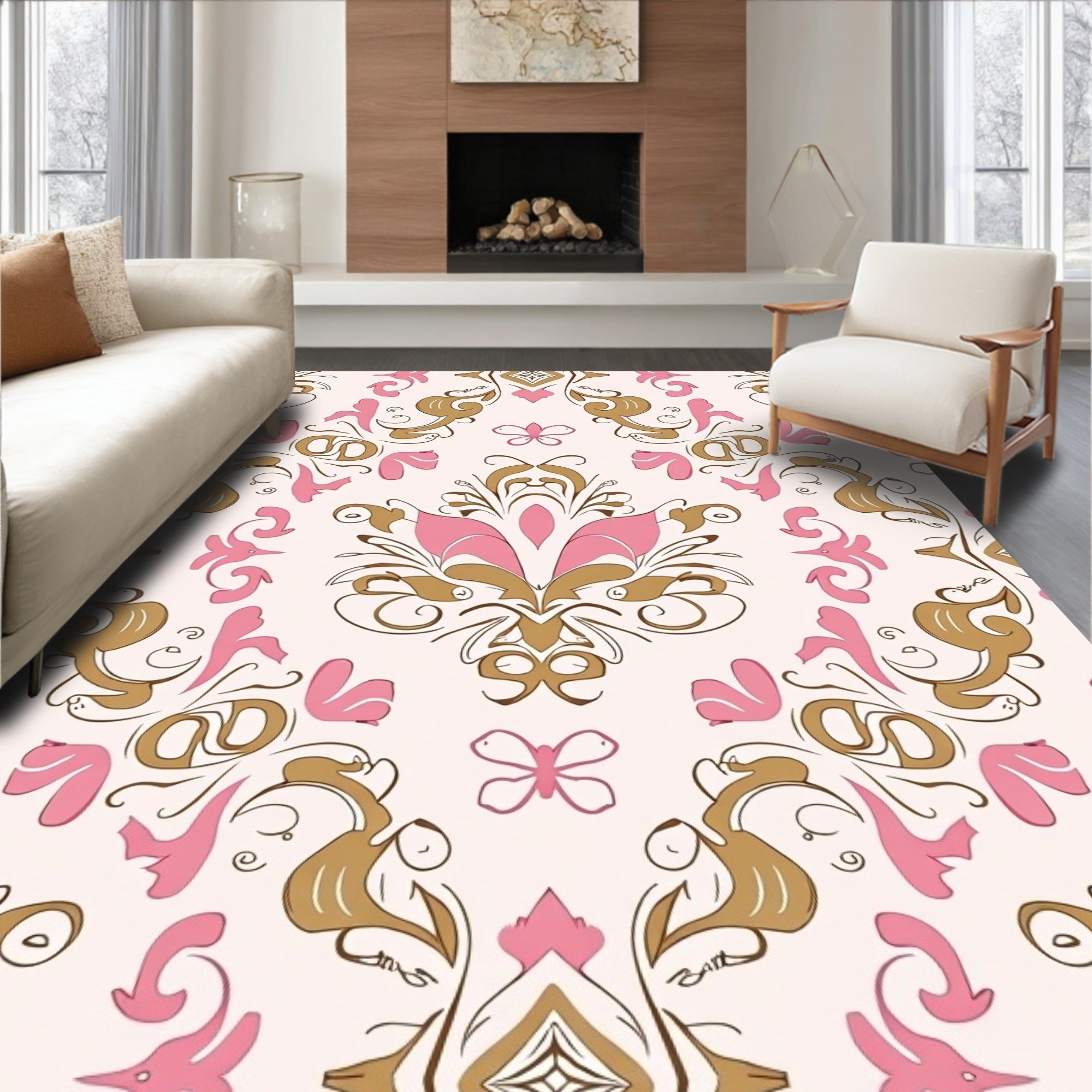 Ornate Pink Gold Floral Pattern Rug