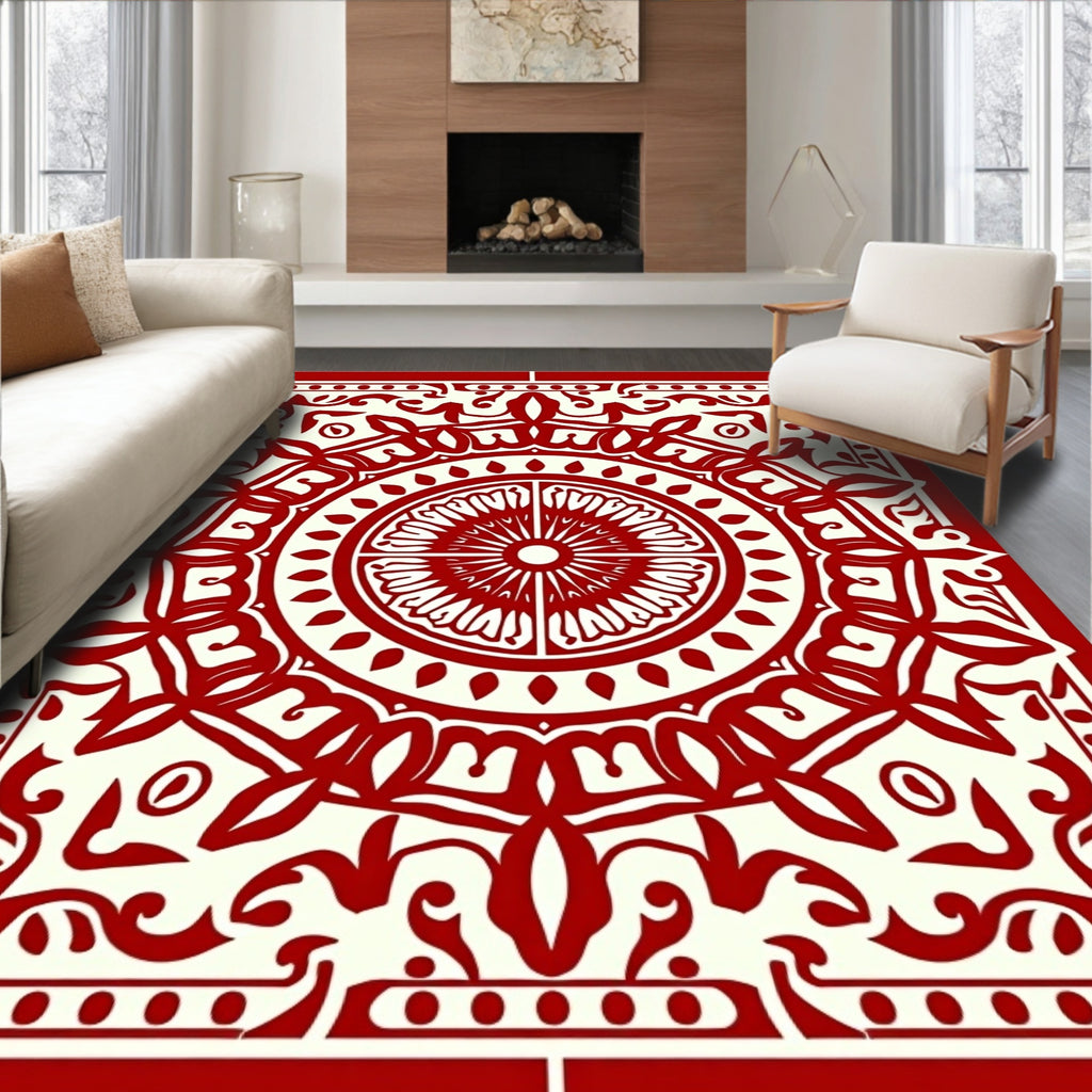 Intricate Red Floral Mandala Pattern Rug