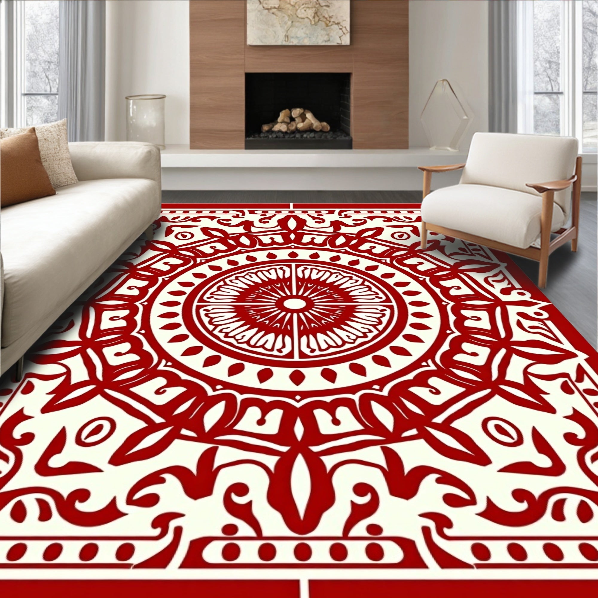 Intricate Red Floral Mandala Pattern Rug