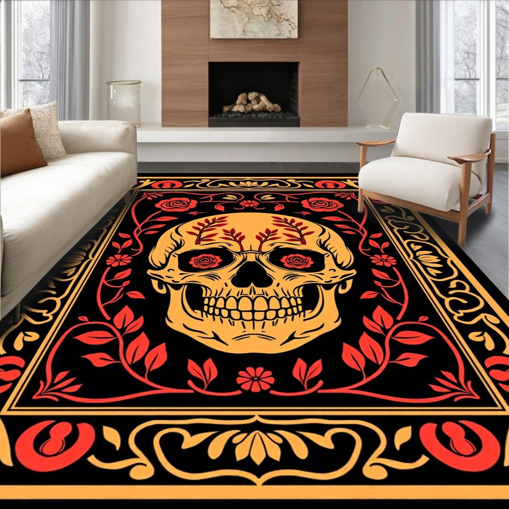 Orange Skull Floral Design Rug