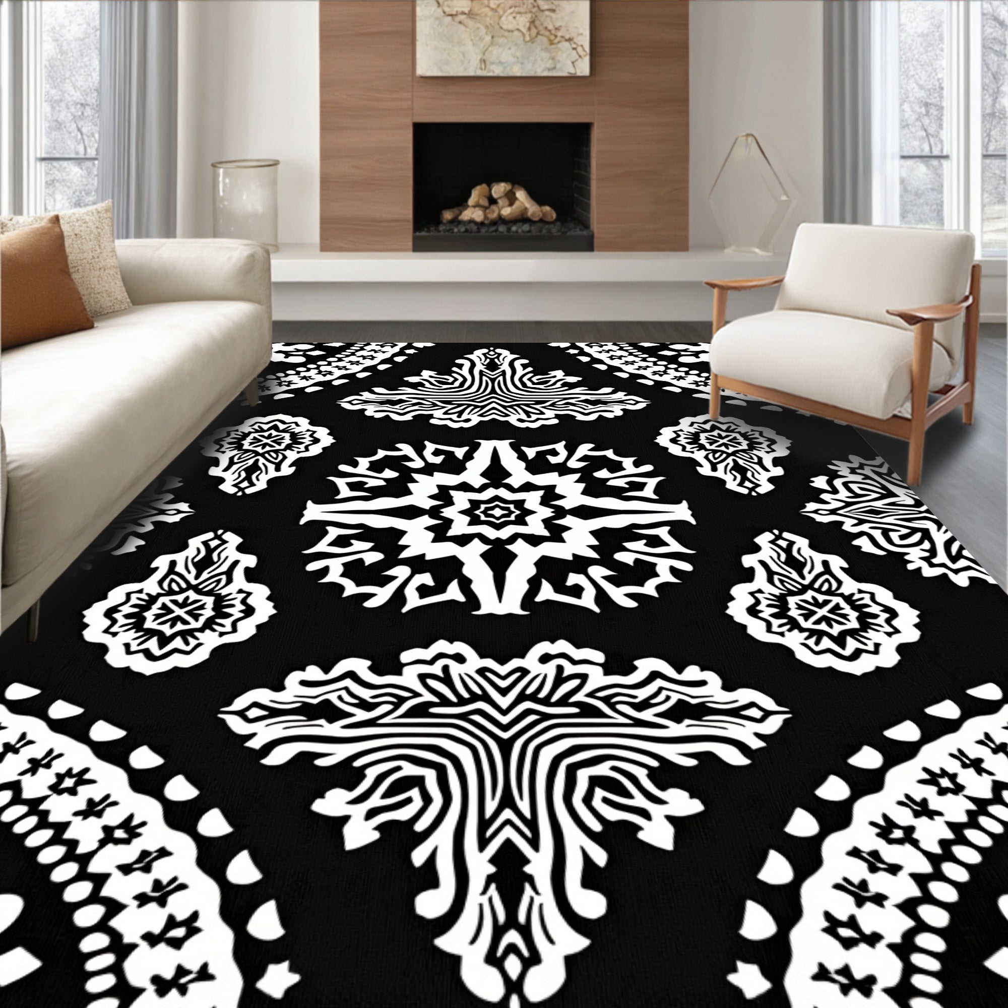 Black White Intricate Medallion Pattern Rug