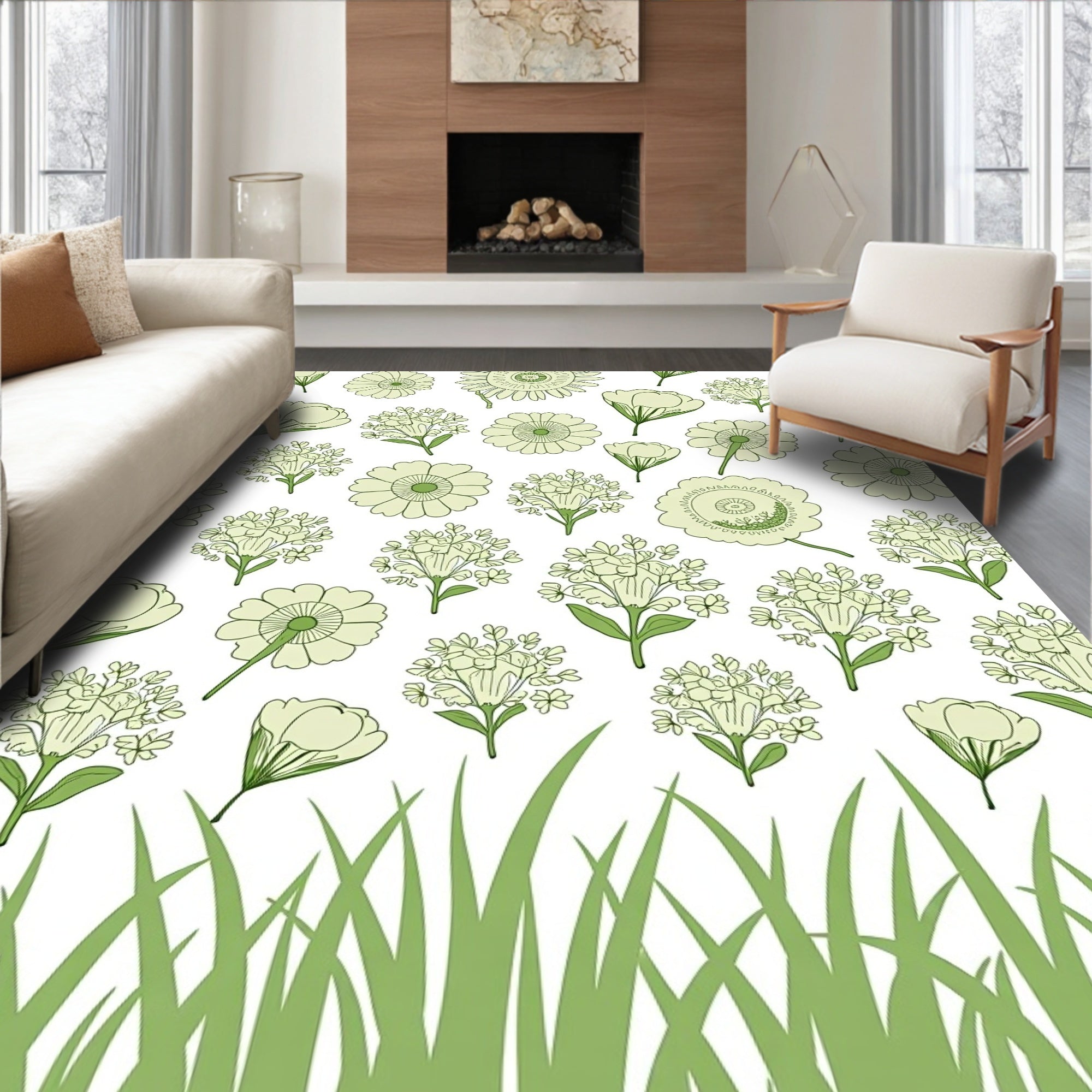 Pale Green Floral Pattern Design Rug
