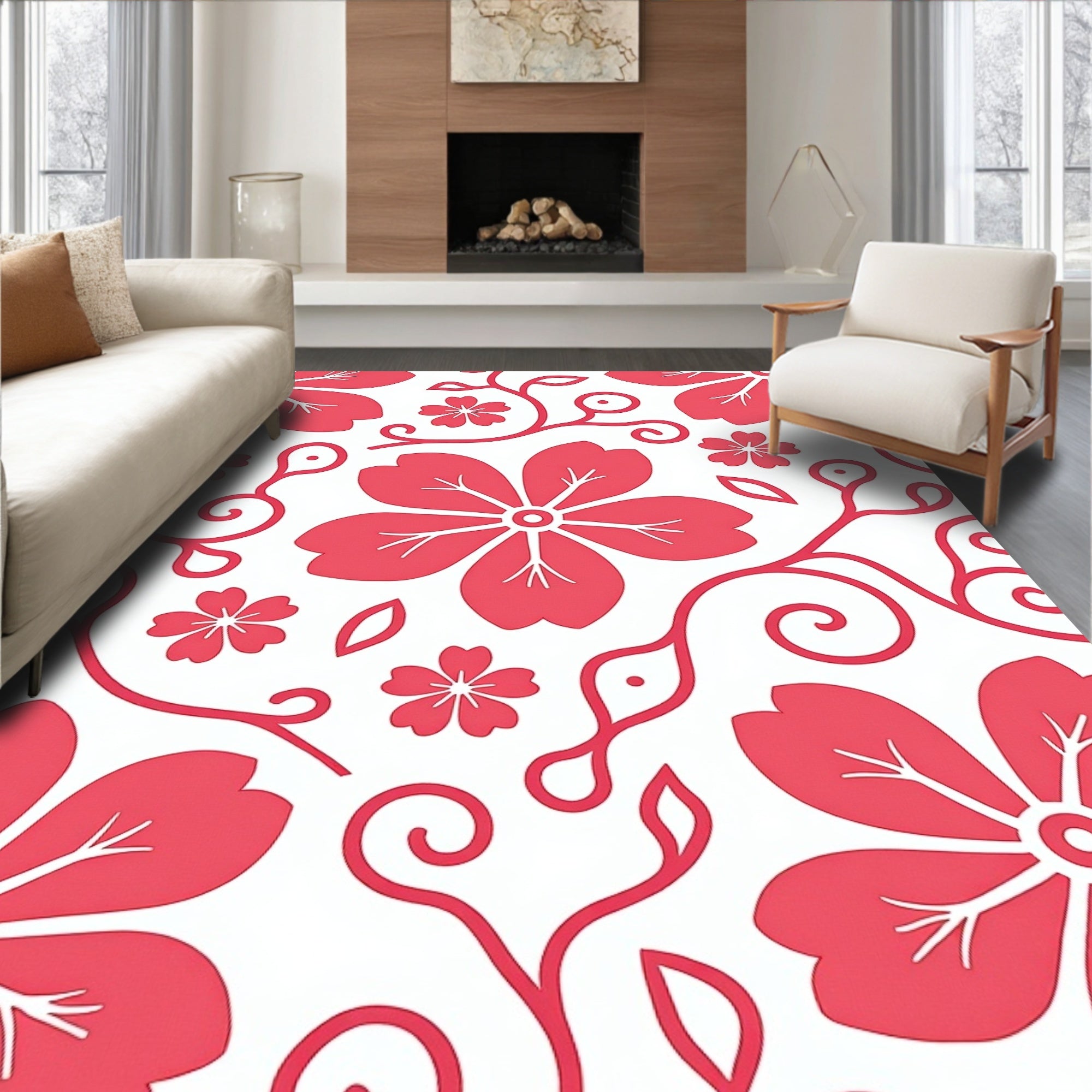 Charming Coral Floral Vine Pattern Rug