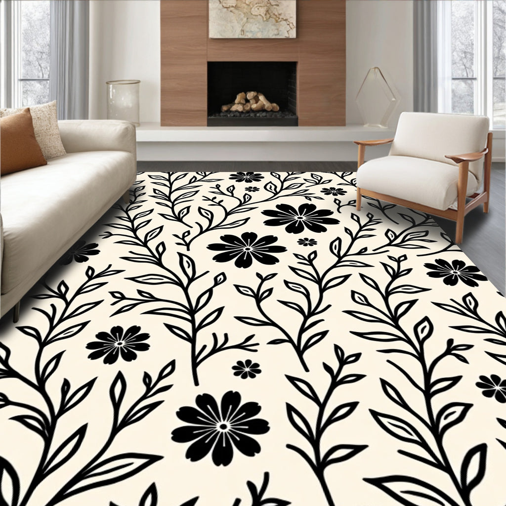 Black Floral Branch Pattern Rug