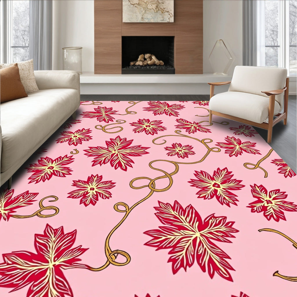 Pink with Red Leaf Vines Pattern Rug