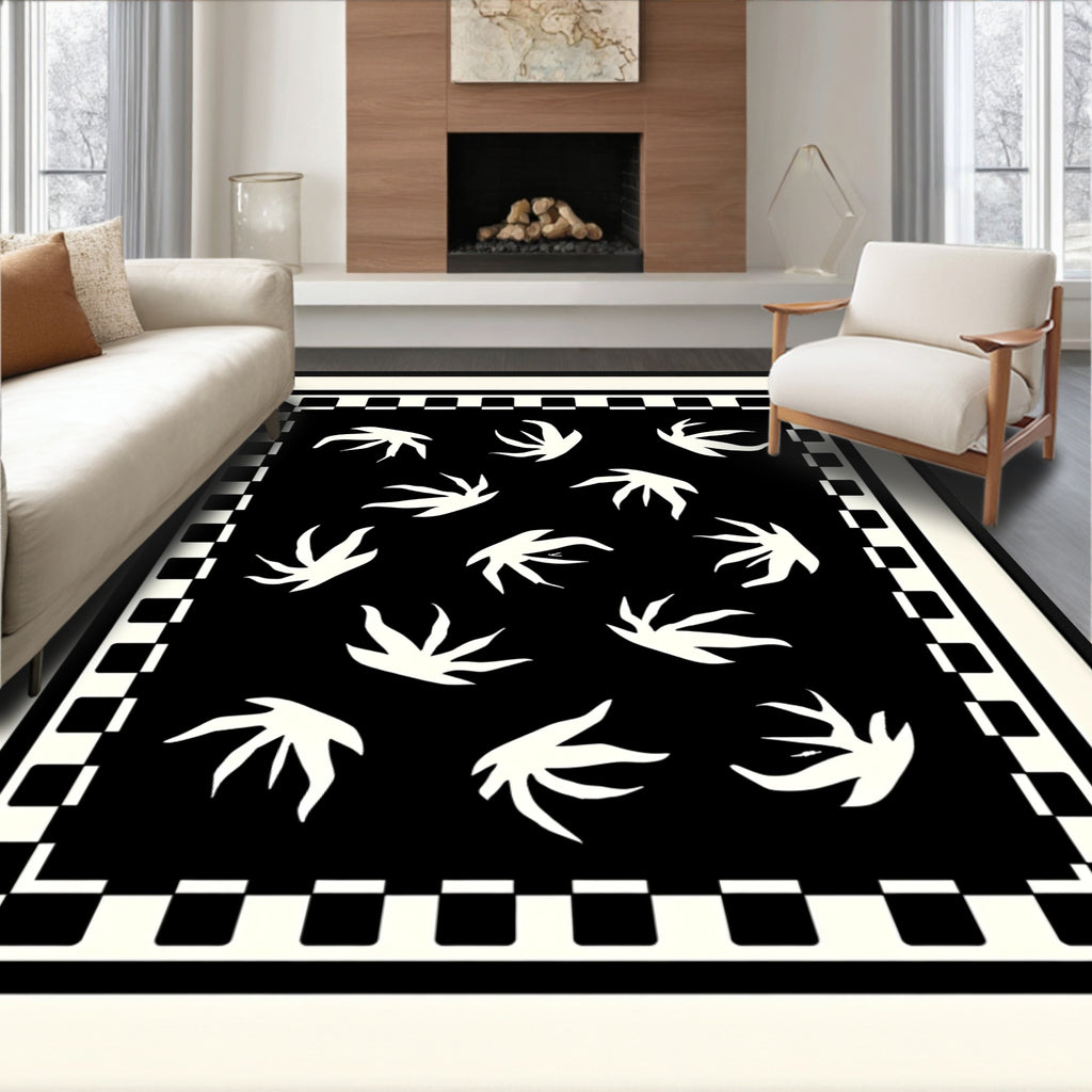 Abstract Floral Pattern Black White Rug