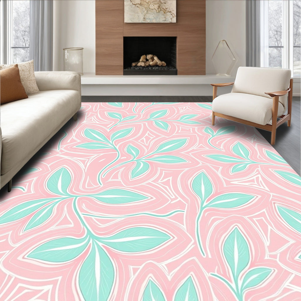 Pink Teal Leafy Abstract Pattern Rug