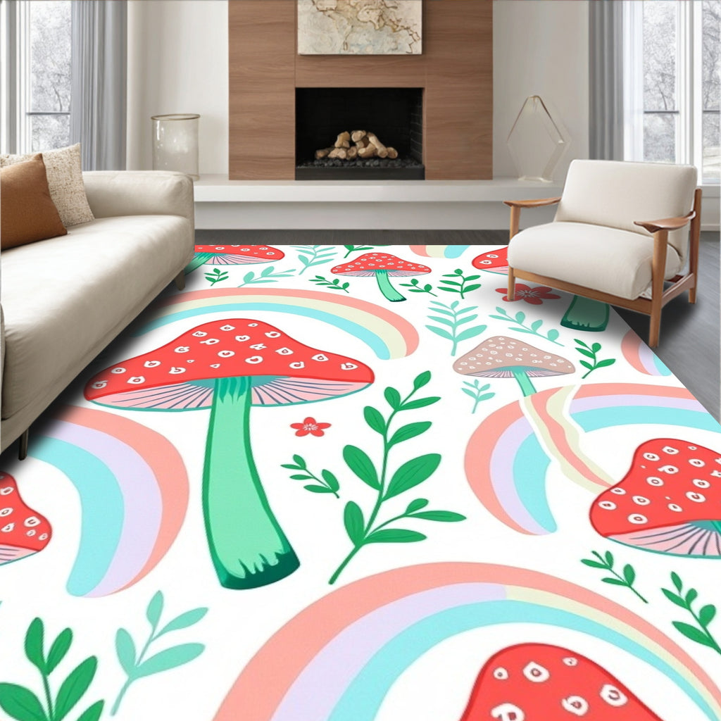 Whimsical Mushroom Rainbow Foliage Design Rug