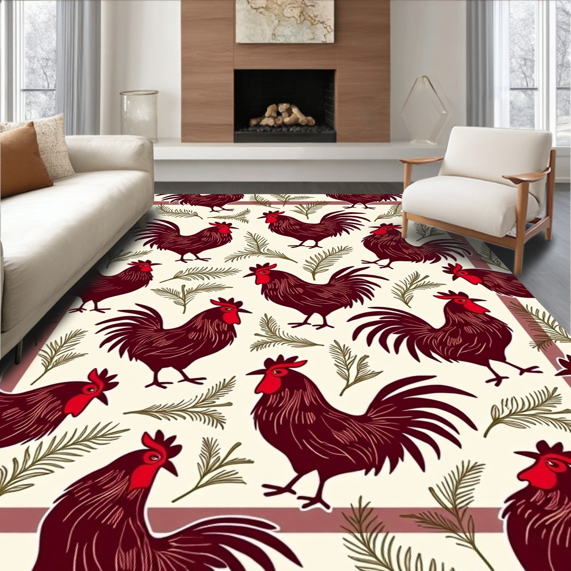Charming Rooster Pine Sprig Pattern Rug