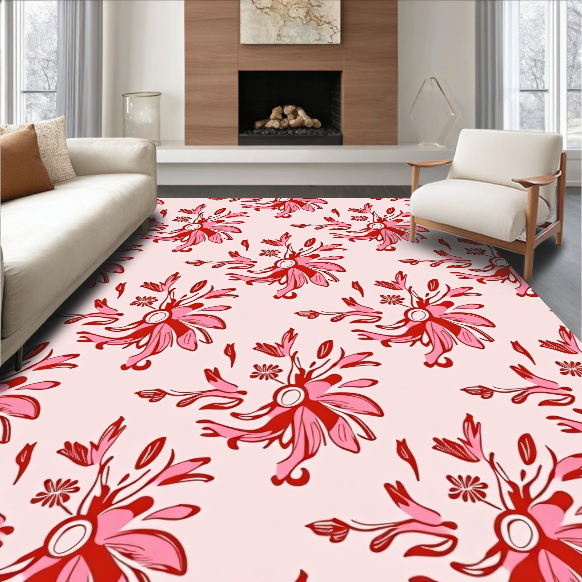 Red Pink Floral Swirl Pattern Rug